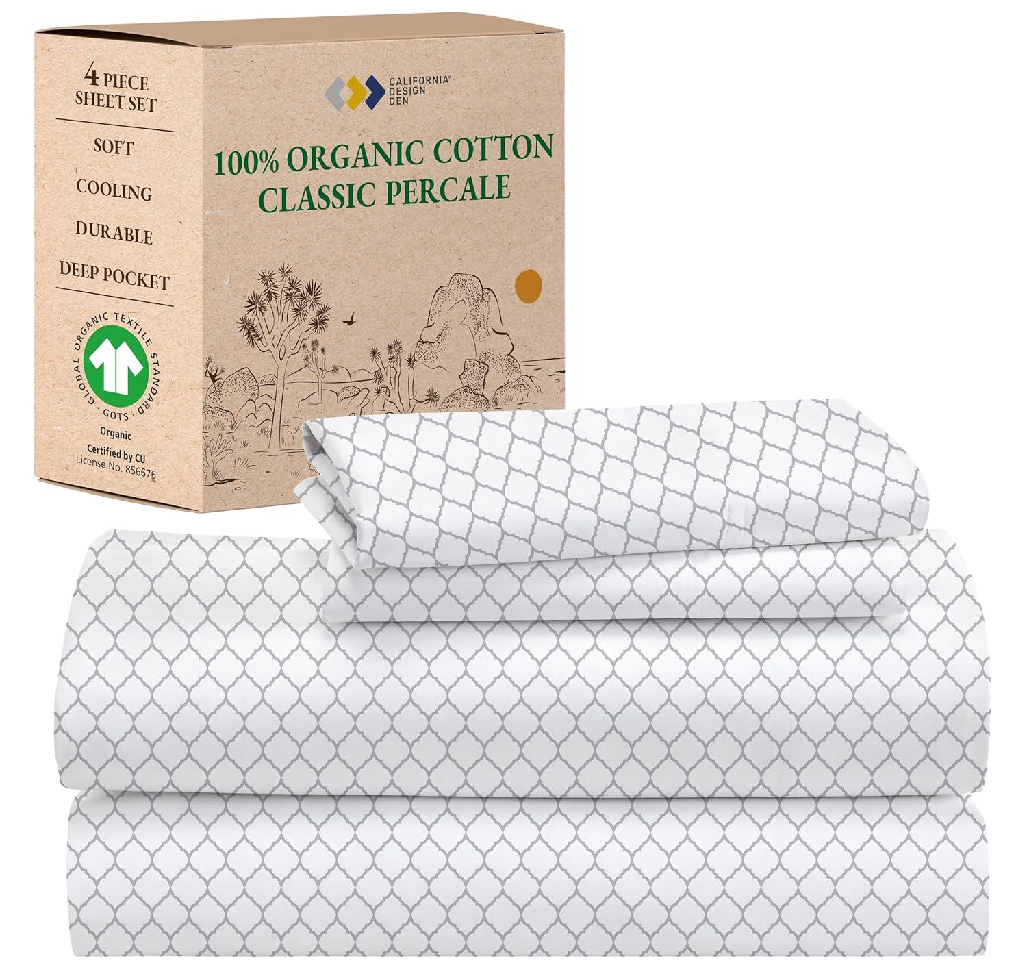 California Design Den 4-Piece Printed Full Sheets Set - 100% Organic Cotton Percale, Deep Pocket, - Quatrefoil Grey