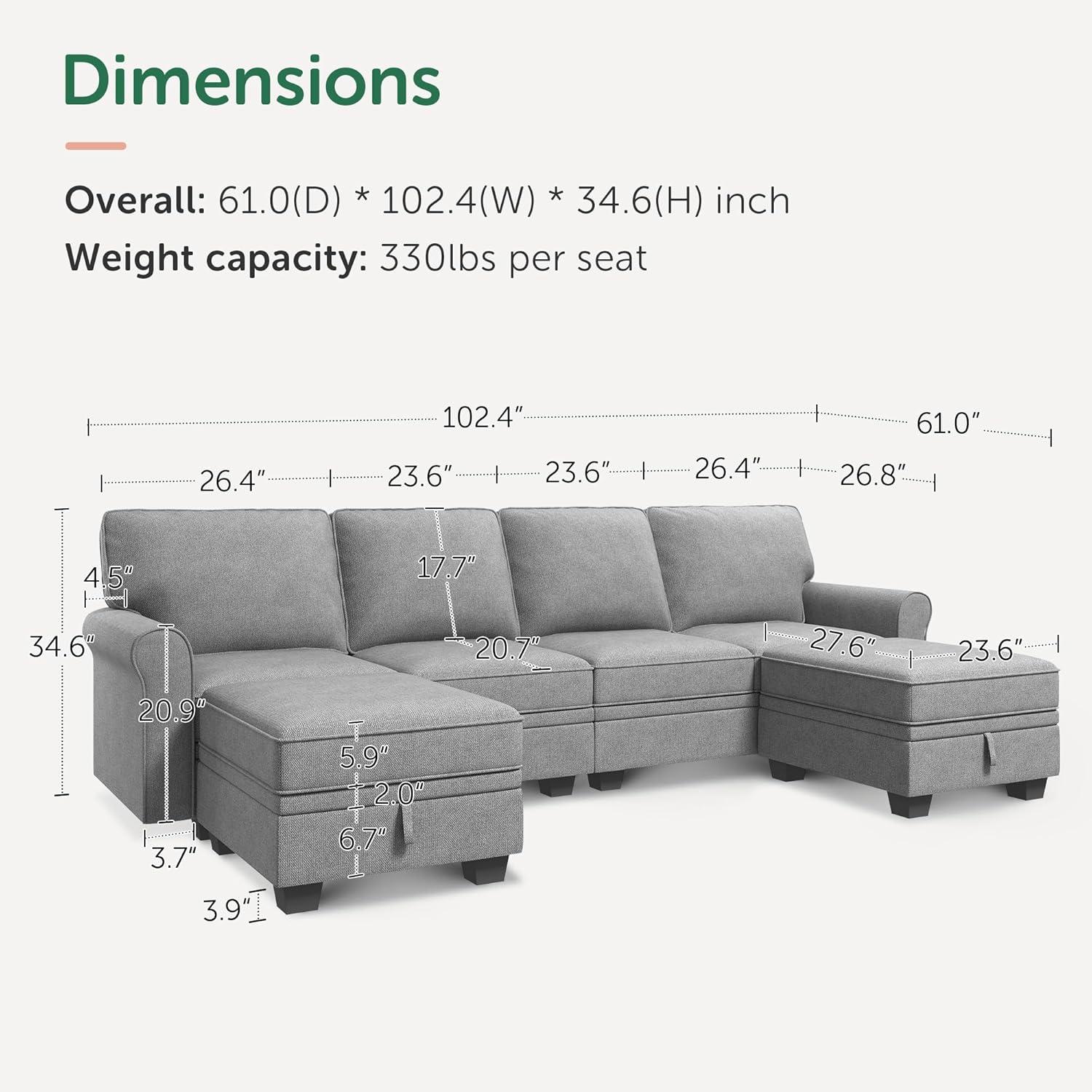 HONBAY Modern U-Shaped Sectional Couch Set with Storage Space and Storage Ottomans for Living Room, Light Grey