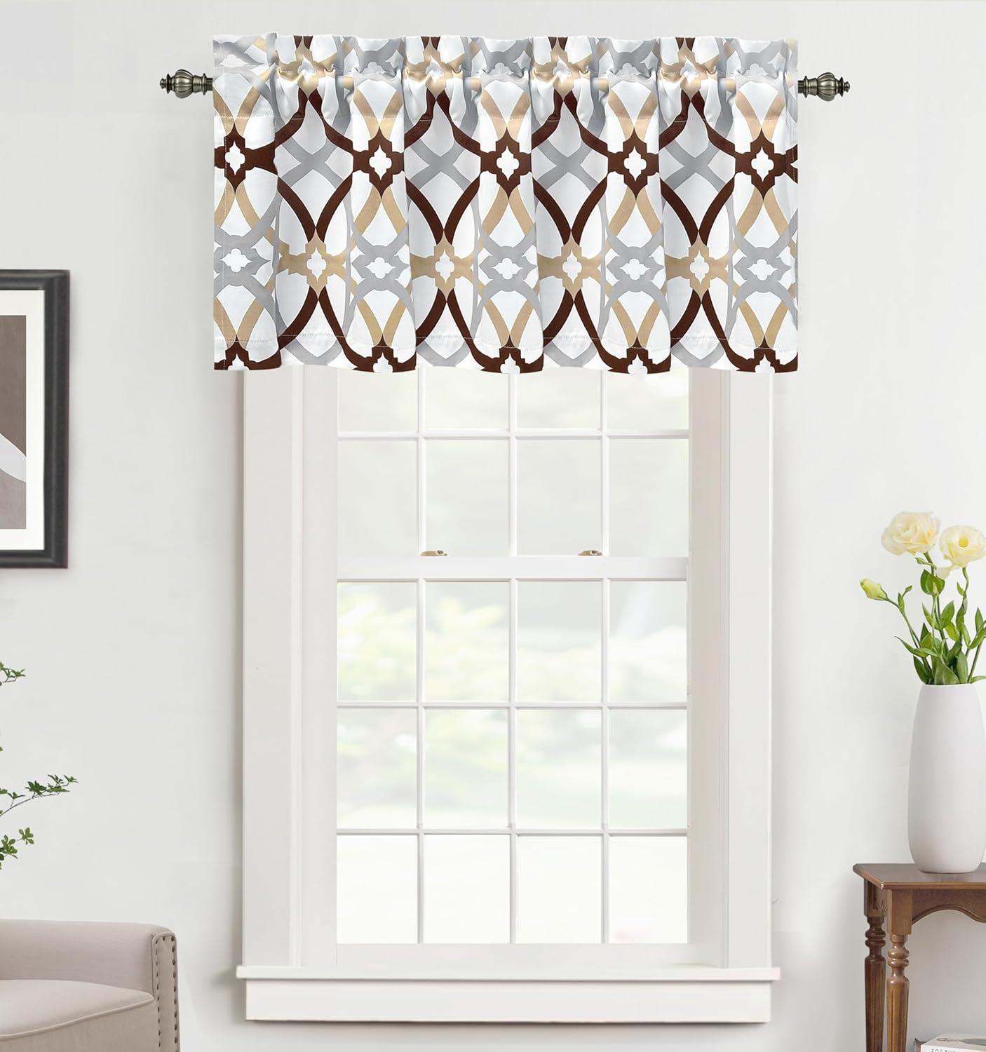 DriftAway Alexander Spiral Geo Trellis Pattern Window Curtain Valance Rod Pocket 52" x 18" Plus 2" Header, Brown, 1 Pack