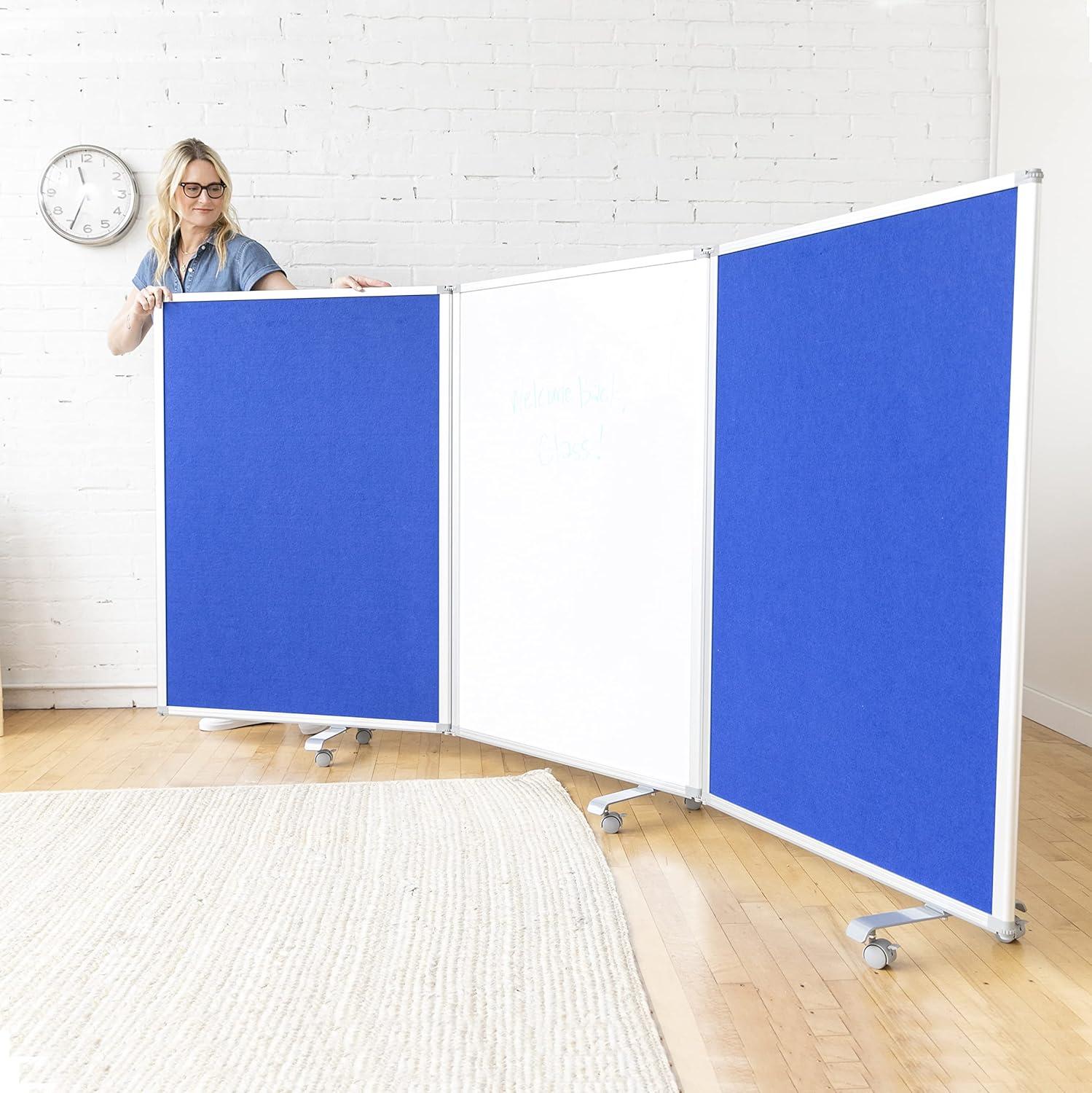 ECR4Kids Mobile Dry-Erase and Flannel Room Divider, 3-Panel, School Supplies, Blue