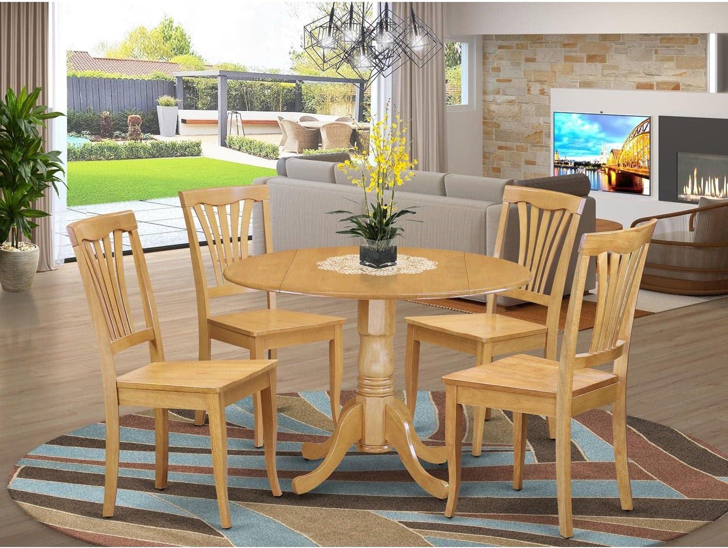 Oak Finish Round Drop Leaf Dining Set with 4 Chairs