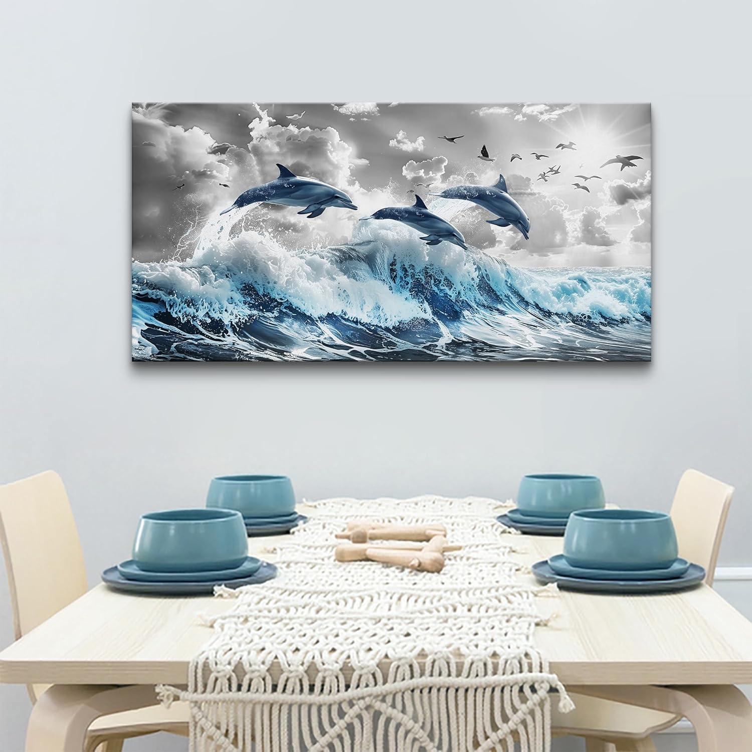 Chilfamy Wall Decorations For Living Room Canvas Wall Art For Bedroom Blue Waves Of The Sea Wall Pictures Artwork Office Canvas Art Print Dolphins Wall Paintings Ready To Hang Home Decor 20x16 Inch