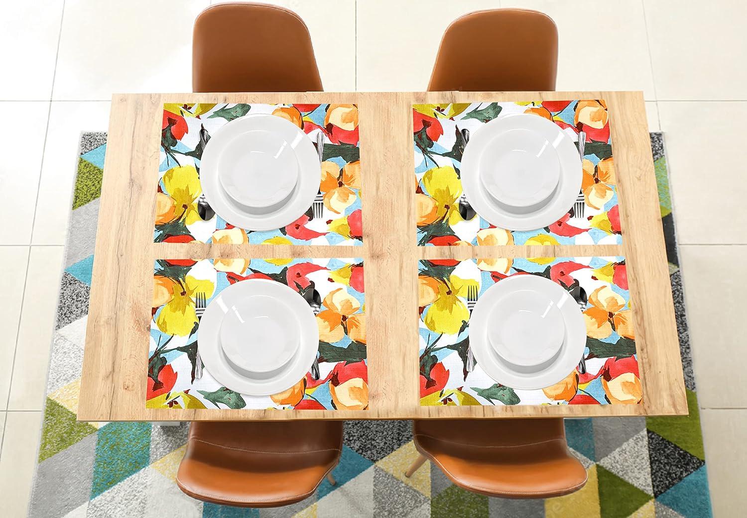 KOVOT Floral Placemat Set of 8 for Indoor or Outdoor Dining | Summer Spring Fall Flower Design 17" x 13" Table Decor | Orange/Yellow