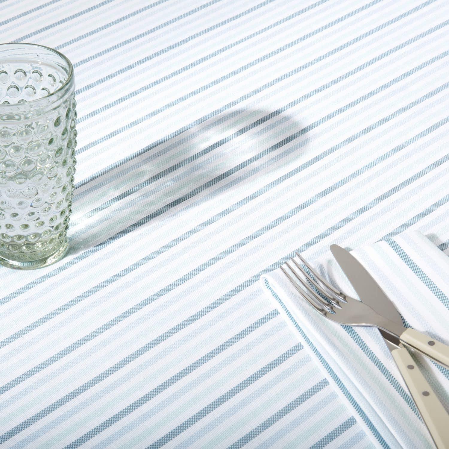 Blue and White Striped Cotton-Polyester Rectangle Tablecloth