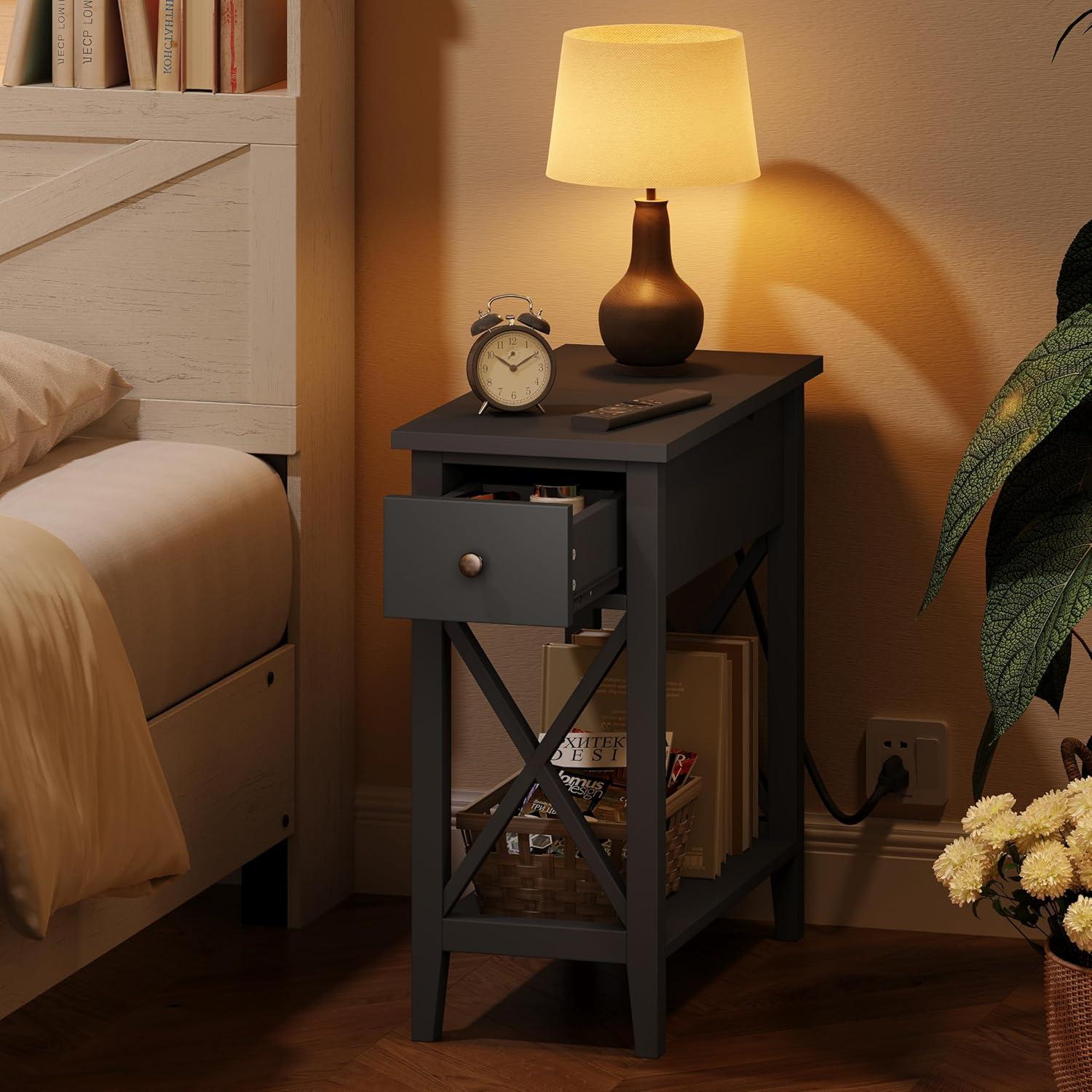 ChooChoo End Table with Charging Station, Narrow Side Table with USB Ports and Outlets, Nightstand with Drawer, for Small Spaces, Bedside Tables for Living Room Black