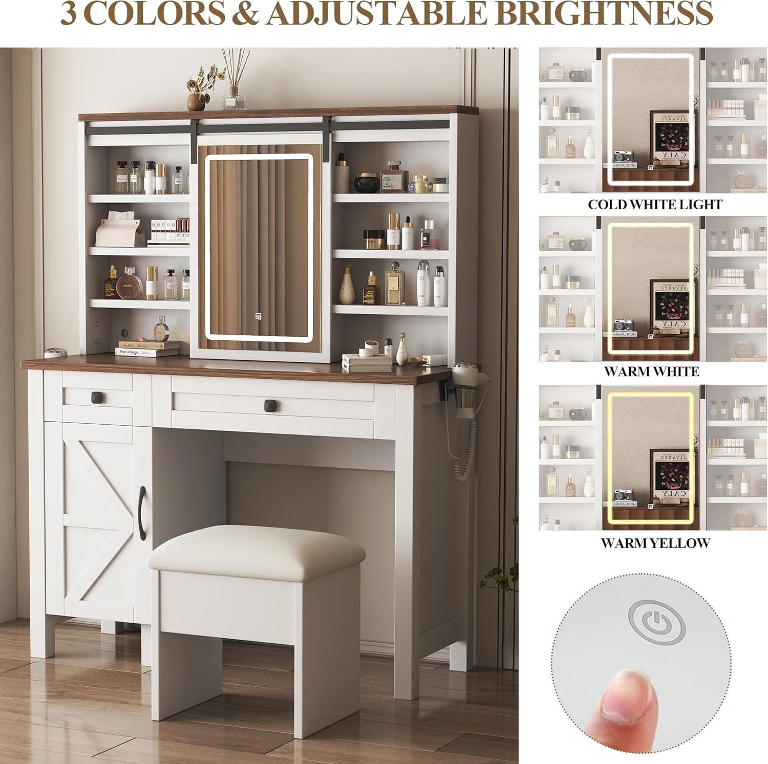 MONTARY Makeup Vanity Desk with Mirror and Lights, Dressing Table , White Vanity Table Set with 6 Drawers & Shelves & 4 Cabinets, 3 LED Lighting Modes Brightness Adjustable