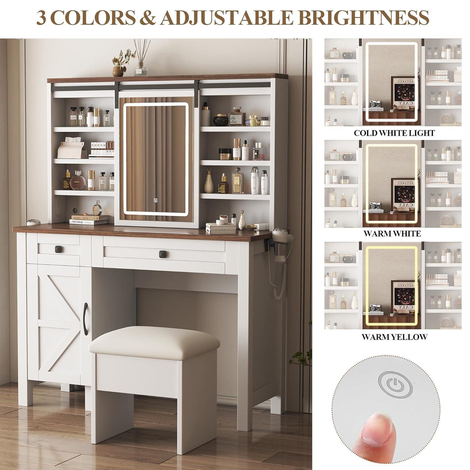 MONTARY Makeup Vanity Desk with Mirror and Lights, Dressing Table , White Vanity Table Set with 6 Drawers & Shelves & 4 Cabinets, 3 LED Lighting Modes Brightness Adjustable