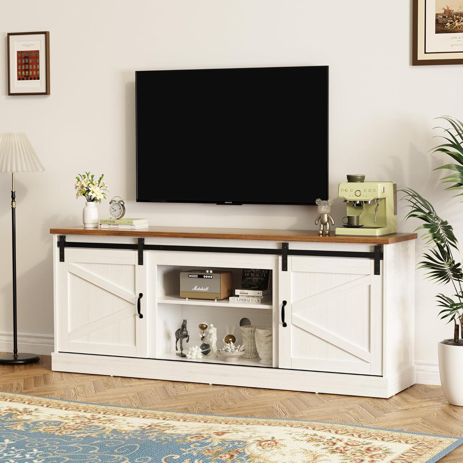 Kullavik Farmhouse TV Stand for Televisions up to 75 Inchs,Entertainment Center with Sliding Barn Doors and Storage Cabinets,Modern Media TV Console Table for Living Room,Bright White