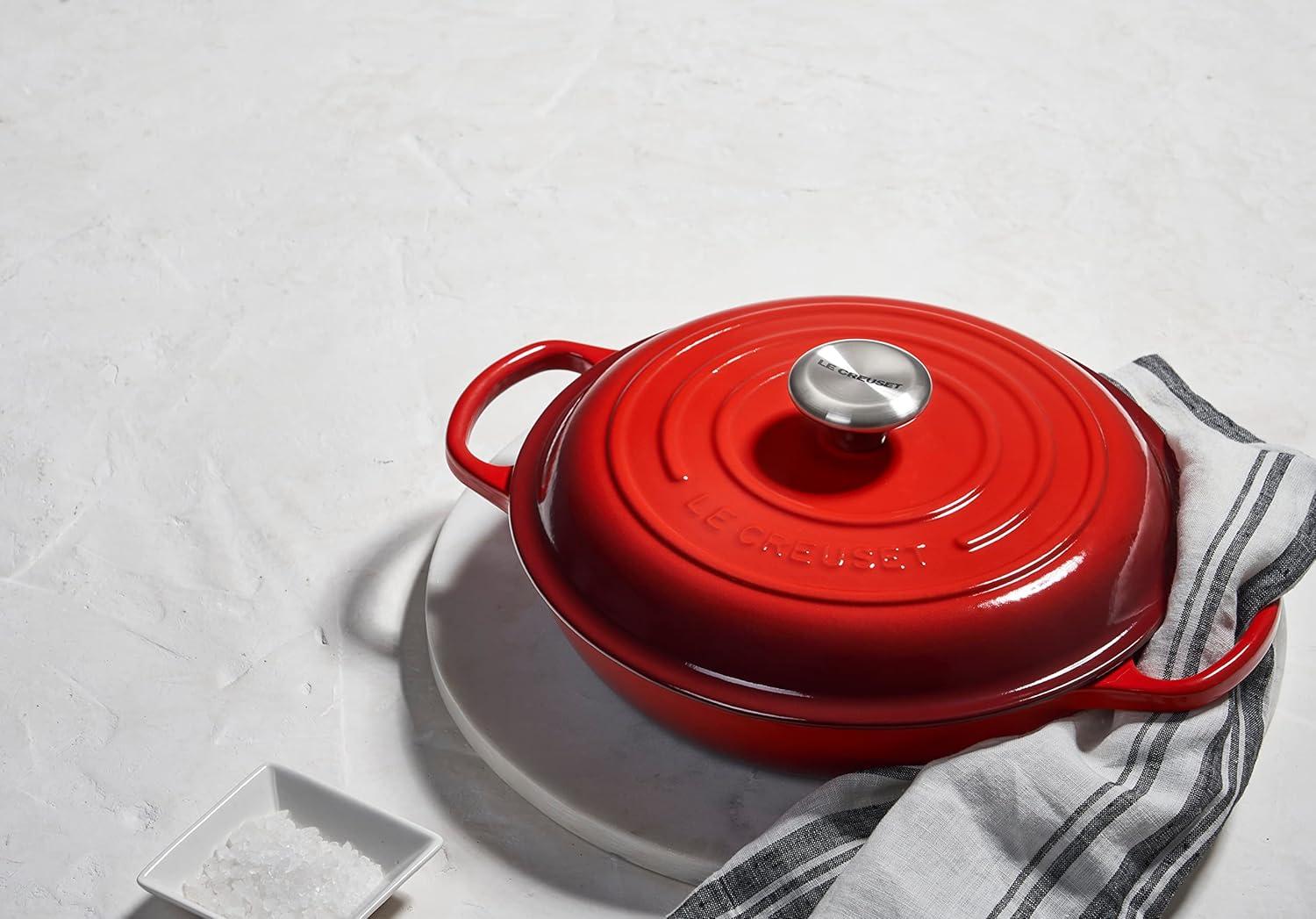 Cerise Red Enameled Cast Iron Round Braiser with Lid