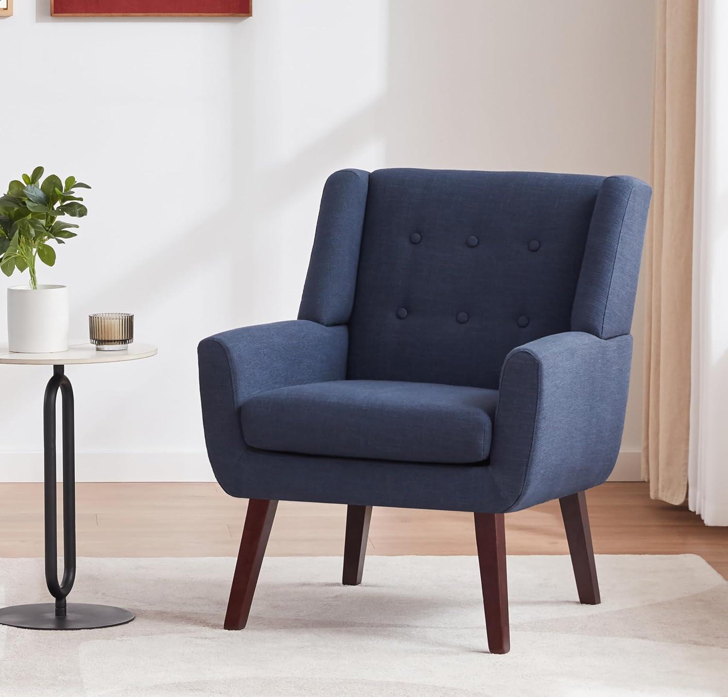 Accent Chair, Comfy Upholstered Mid Century Modern Armchair, Button-Tufted with Linen Fabric Lounge Arm Chairs for Living Room Bedroom(Dark Blue)