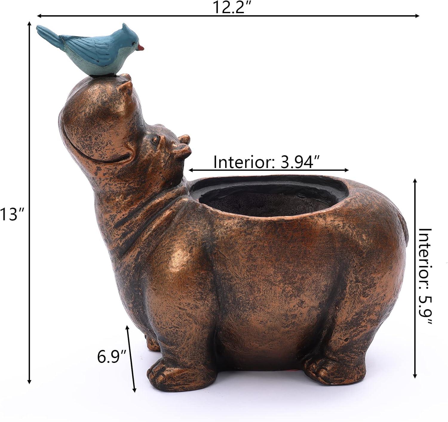 LuxenHome Brown Hippo and Blue Bird MgO Flower Pot Planter