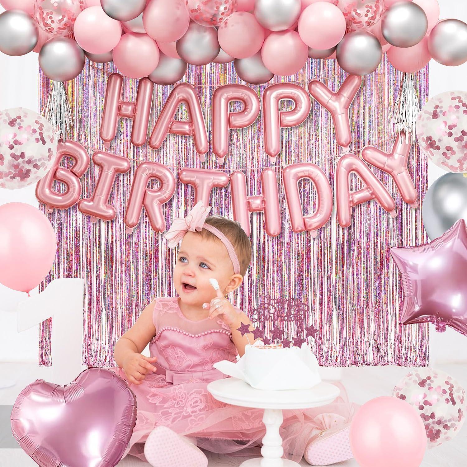 Pink and Silver Birthday Party Decoration Set with Balloons and Banner