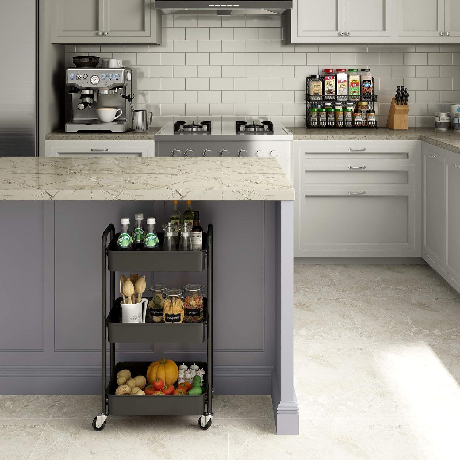 Zeki Shoggy 3-Tier Rolling Metal Storage Organizer - Mobile Utility Cart, Kitchen Cart With Caster Wheels (Black)