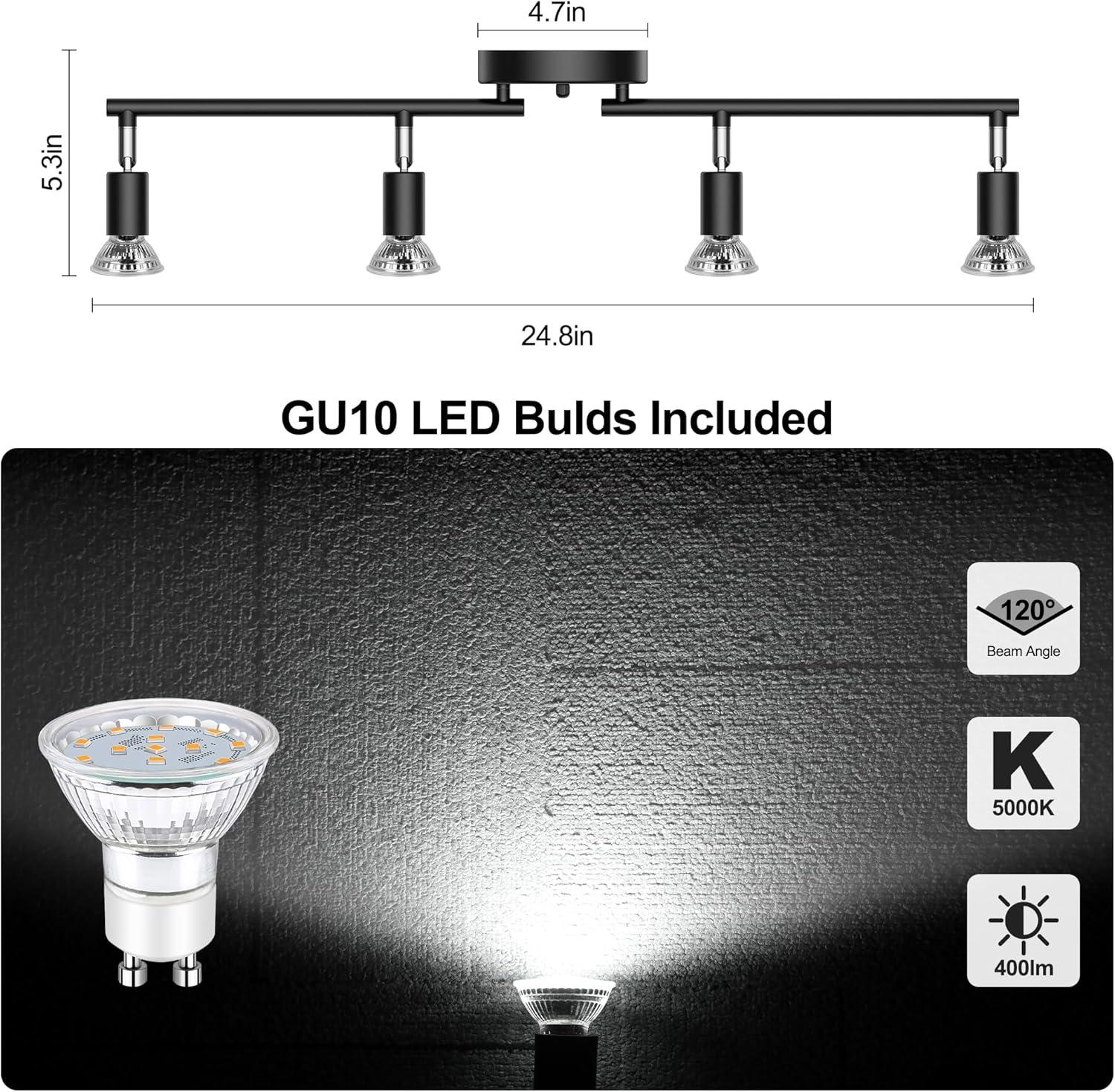 Track Lighting Fixtures, 4 Lights Ceiling Spotlight with Flexible Track Heads, Directional Lighting with GU10 Base for Kitchen, Hallway, Bedroom, Dining Room, Office (1 PC)