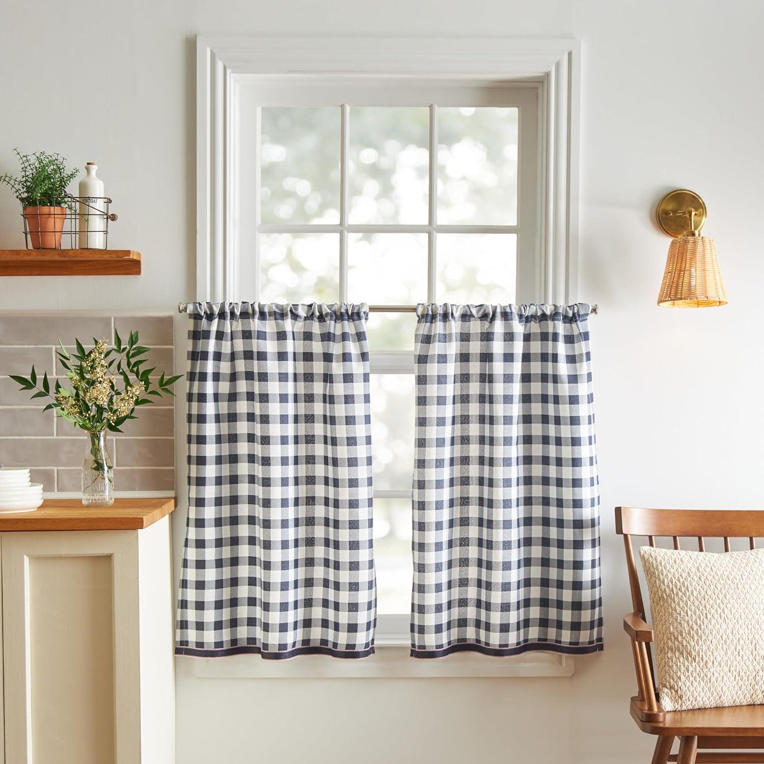 Chickens Light Filtering Rod Pocket Kitchen Curtain Valance and Tiers Set in Navy/White