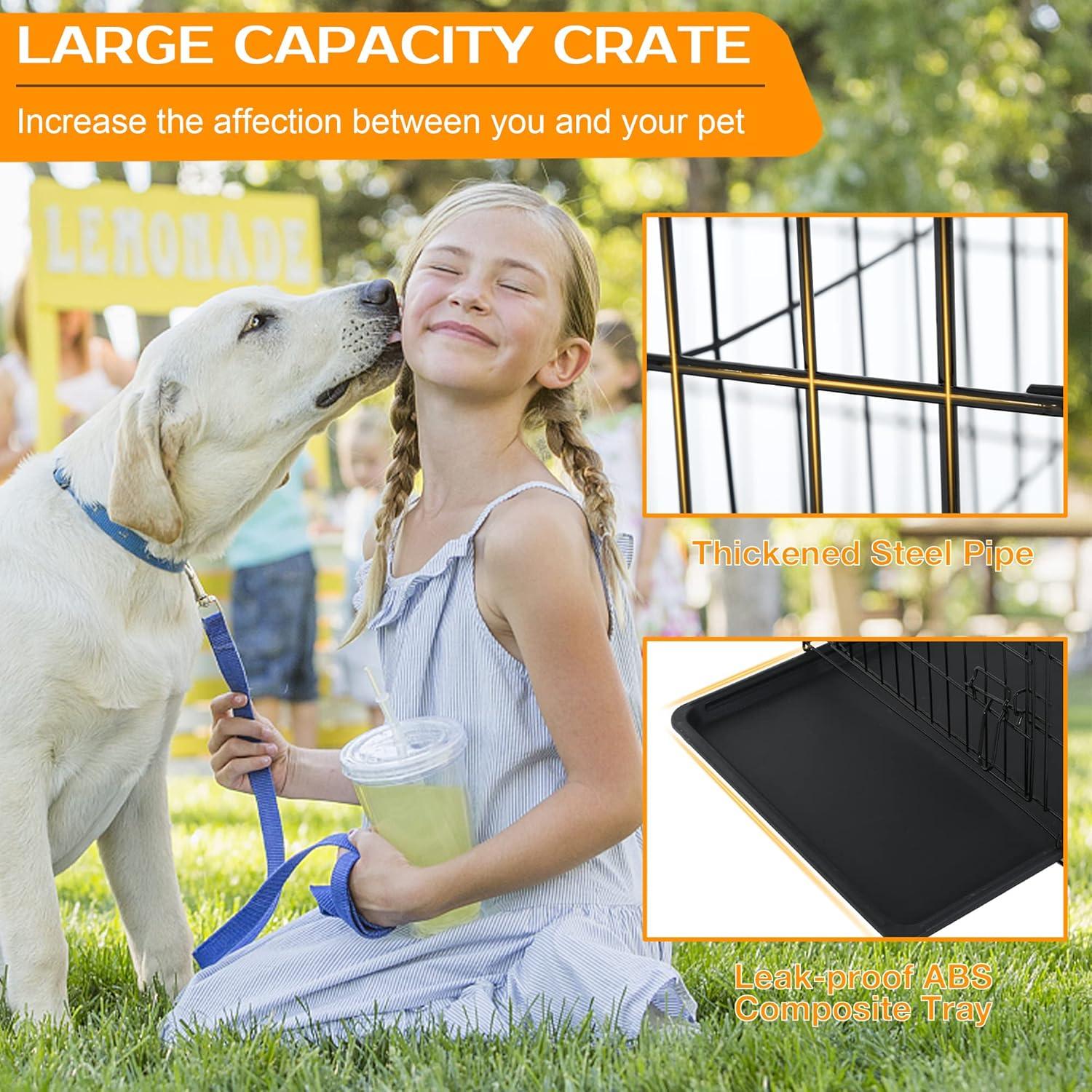CL.HPAHKL Durable Large Dog Crate, Folding Metal Dog Kennel Double Door Dog Cage with Plastic Tray, Wire Crate for Large Dog Indoor Outdoor Travel (Black, 42 inch)
