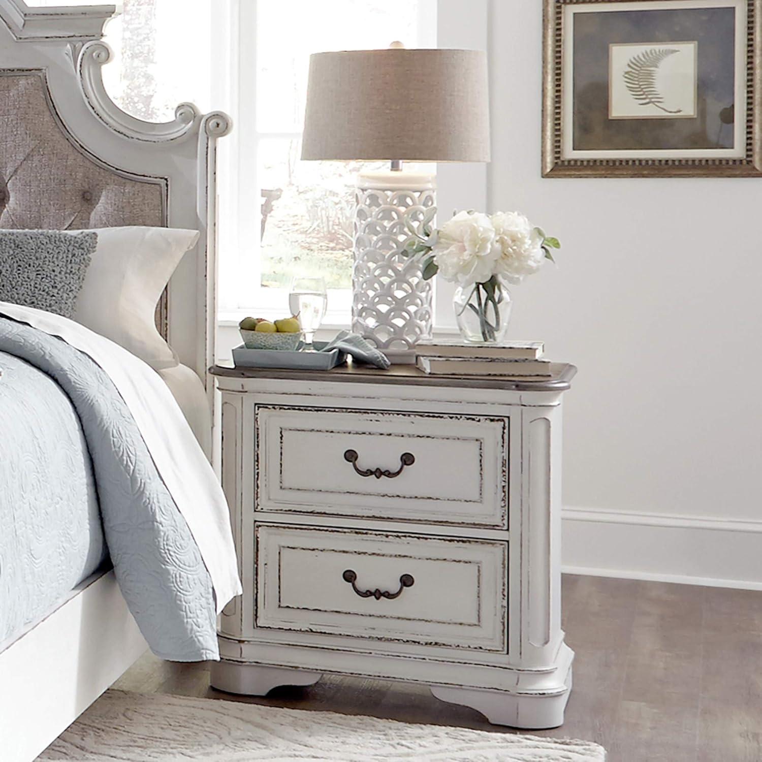 Elegant Whitewashed 2-Drawer Nightstand in Antique White with Bead Molding