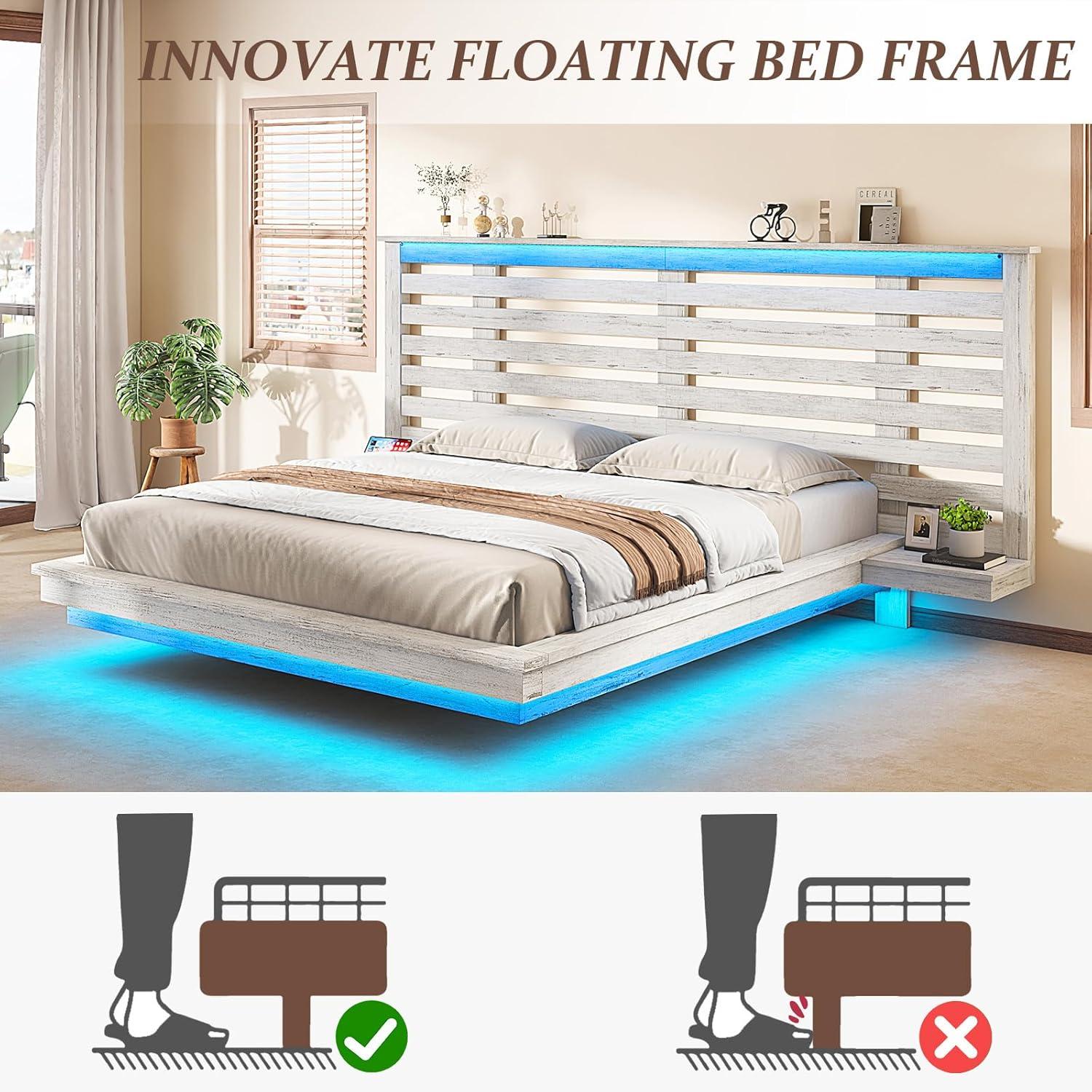 Distressed White Queen Floating Bed Frame with LED and Charging Station