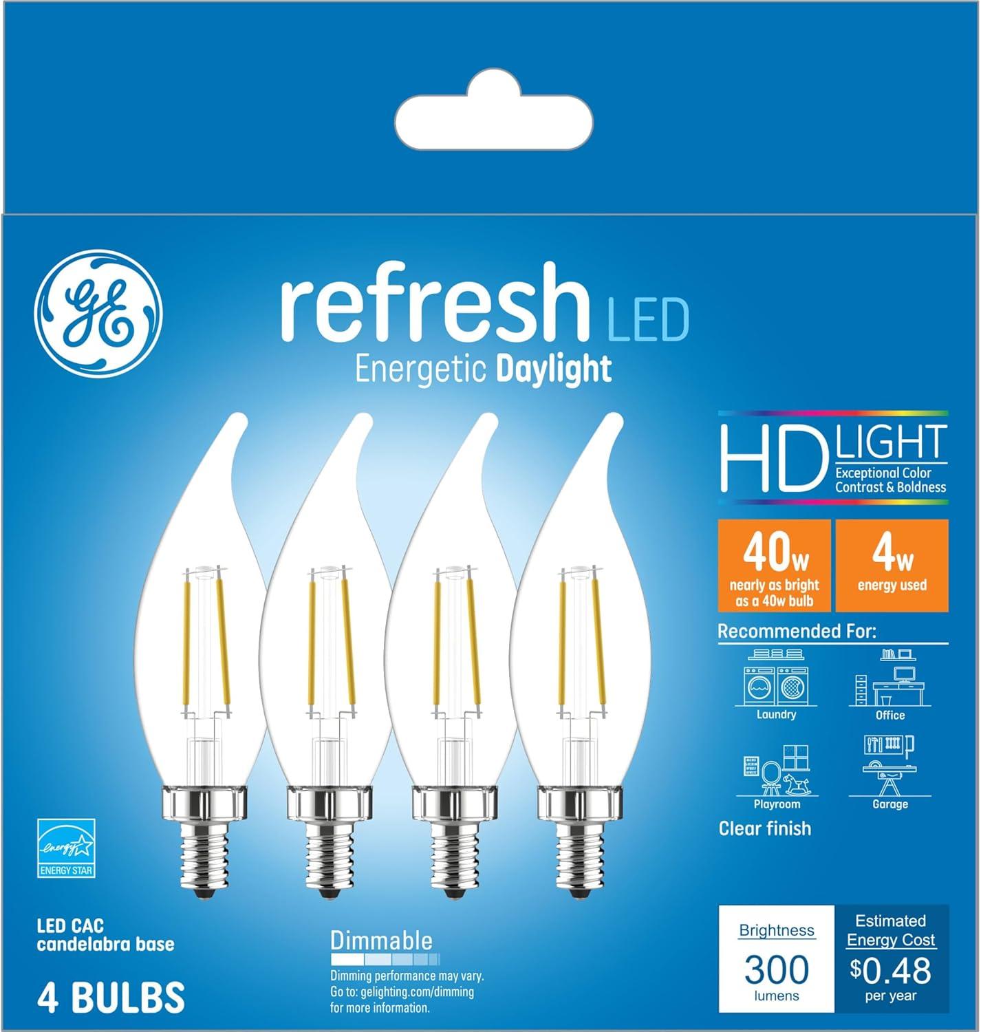 GE 4pk 40W Refresh LED CAC Decorative Light Bulbs Daylight: Dimmable Candelabra E12, 5000K, Energy Star, Chandelier Use