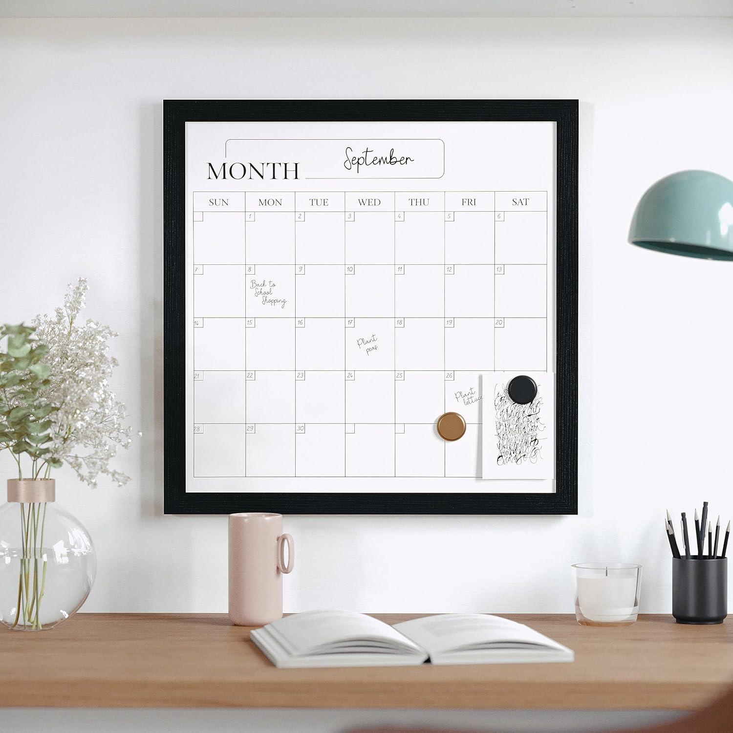 Thomas Martha Stewart Magnetic Monthly Calendar Dry Erase Board with Woodgrain Frame, Dry Erase Marker, and 2 Magnets