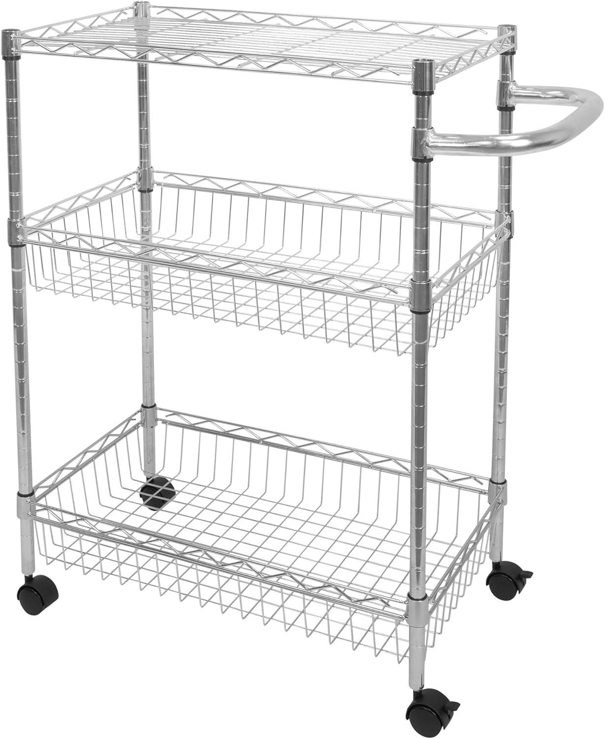 Mount-It! Mesh Wire Rolling Cart | 3-Tier Multi-Function Metal Trolley for Kitchen Storage and Organization with Lockable Wheels and Handle | Silver