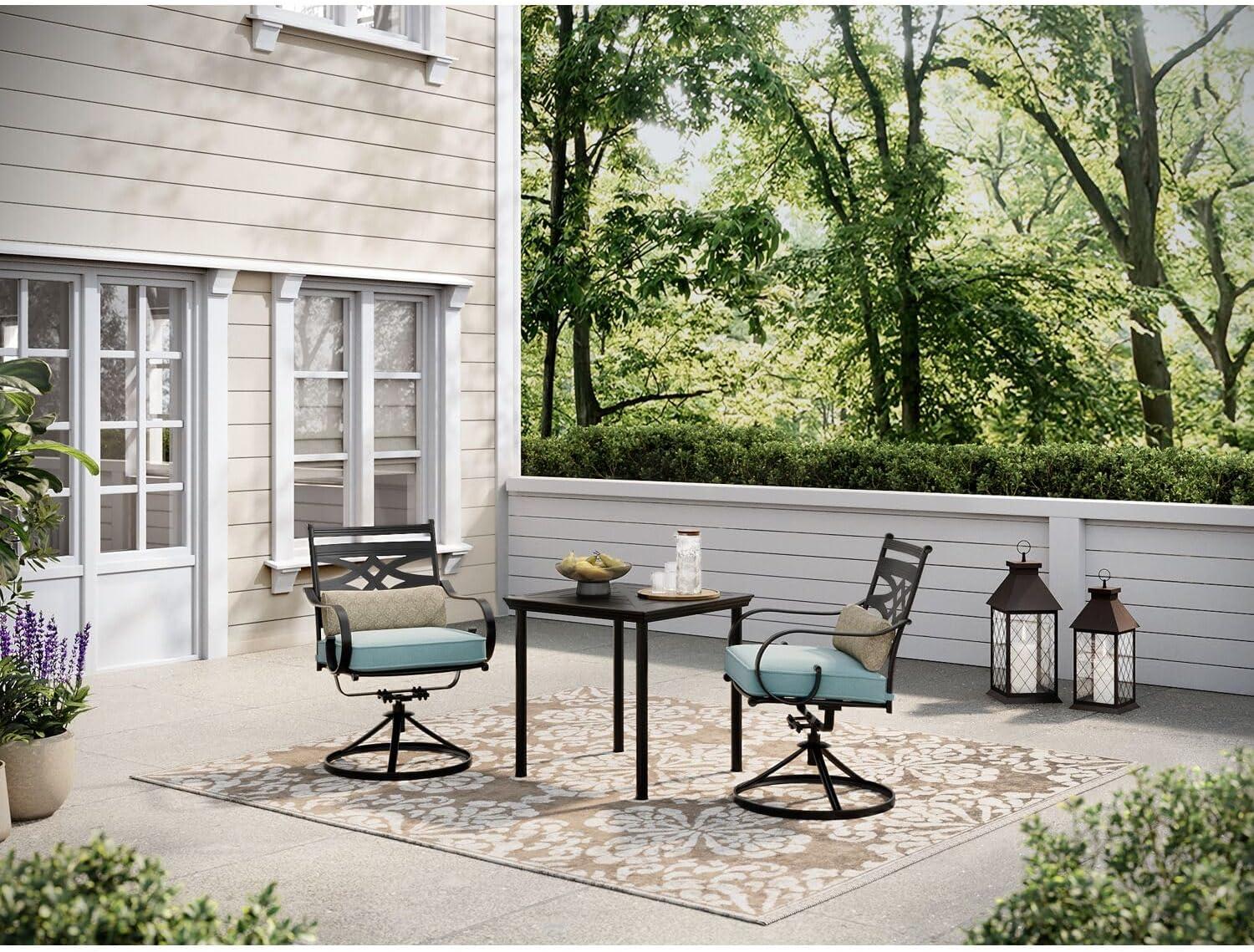 Hanover Montclair 3-Piece All-Weather Outdoor Patio Bistro Dining Set, 2 Swivel Rocker Chairs with Comfortable Seat and Lumbar Cushions, 27" Square Stamped Rectangle Table, MCLRDN3PCSW2-NVY