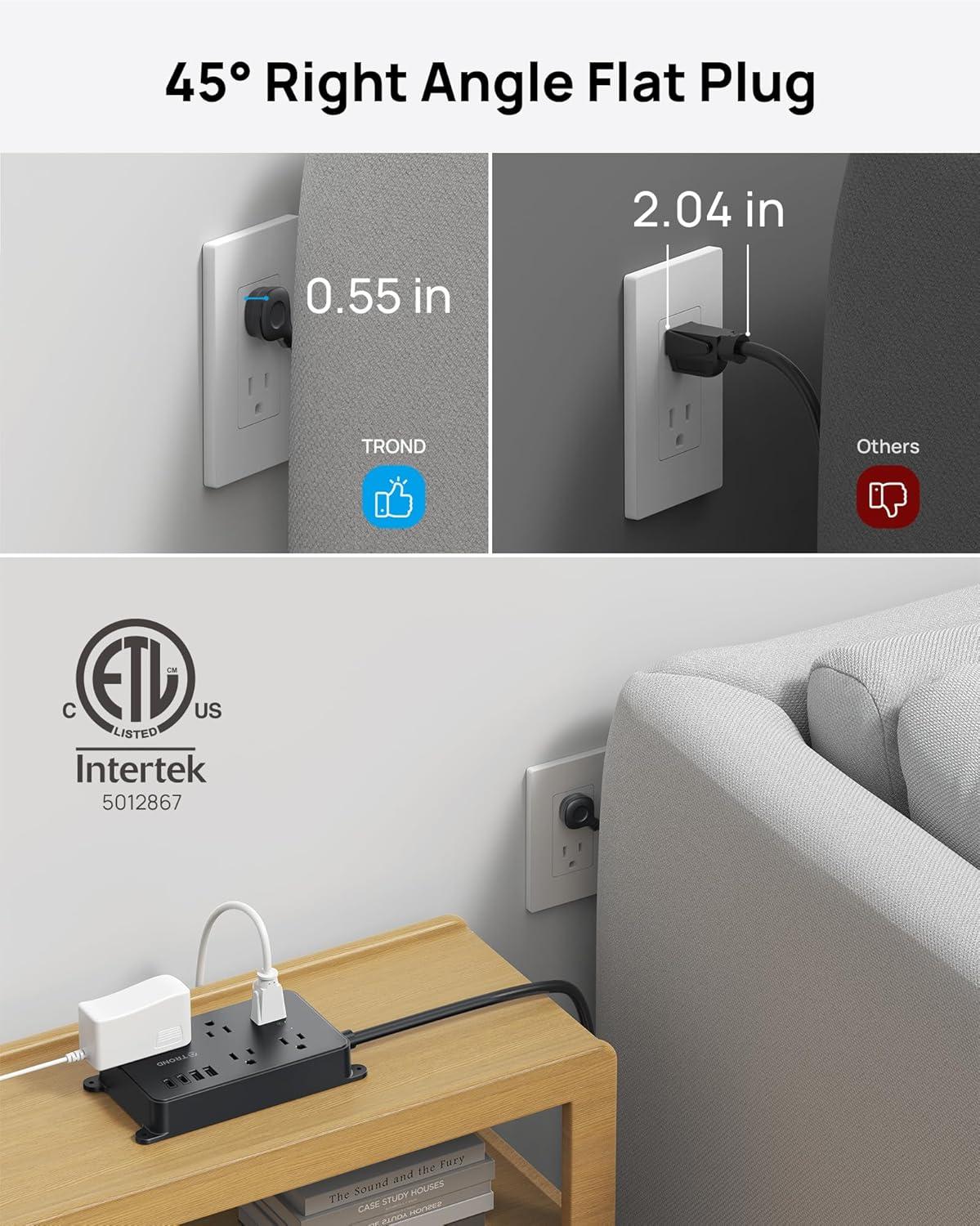 TROND Power Strip Surge Protector, ETL Listed, 15A, 5 Wide Spaced Outlets with 3 USB Ports, Wall Mountable, Flat Plug 5ft Extension Cord, 1300J, 14AWG Heavy Duty, for Office Kitchen, Black