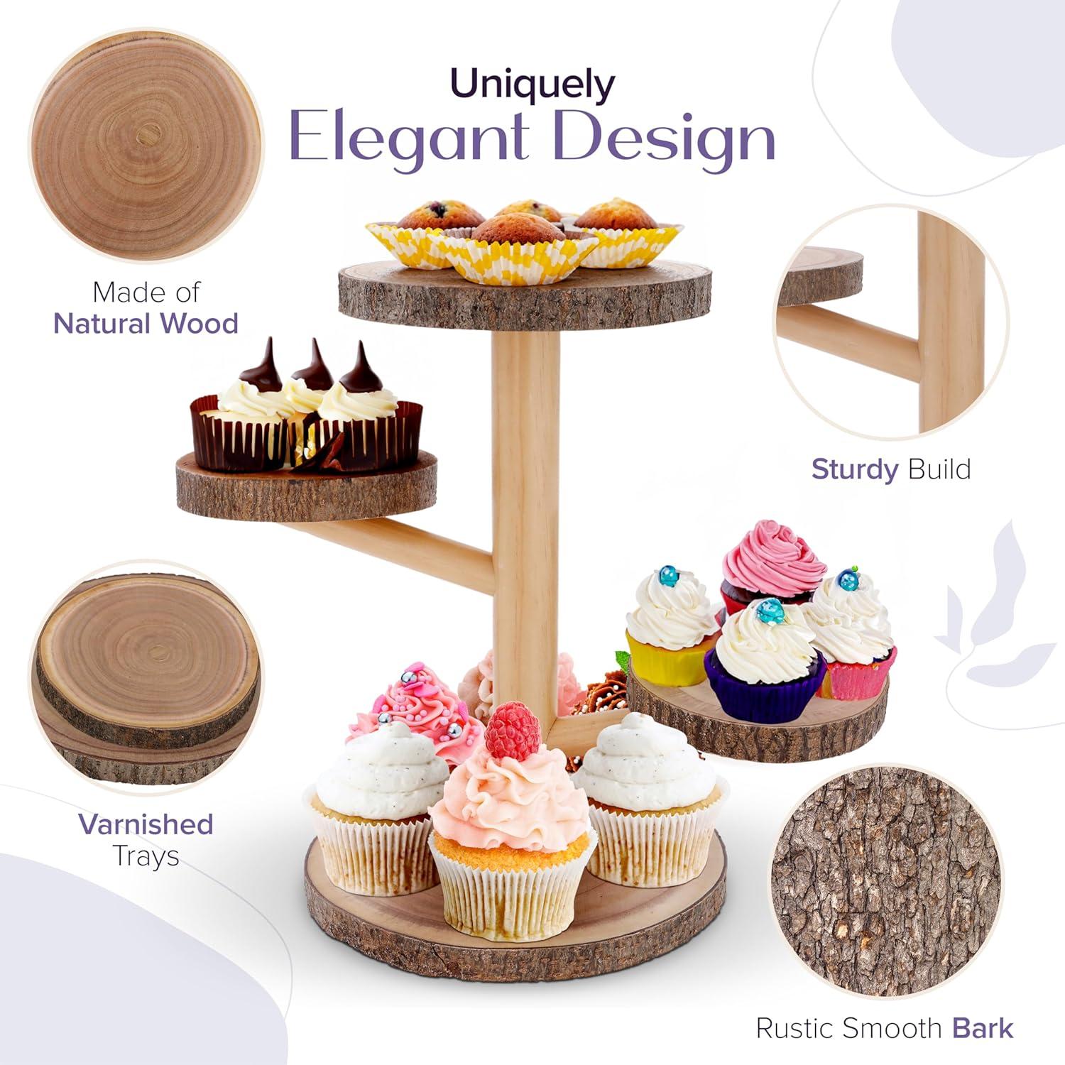 Wooden Cake Stand Rustic, 10-11 inch Multifunctional 2-in-1 Wedding Rustic Cake Stand, Wood Display Tray for Appetizers, Desserts, Charcuterie Board, Farmhouse Tree Stump Style, Sturdy, Easy to Clean