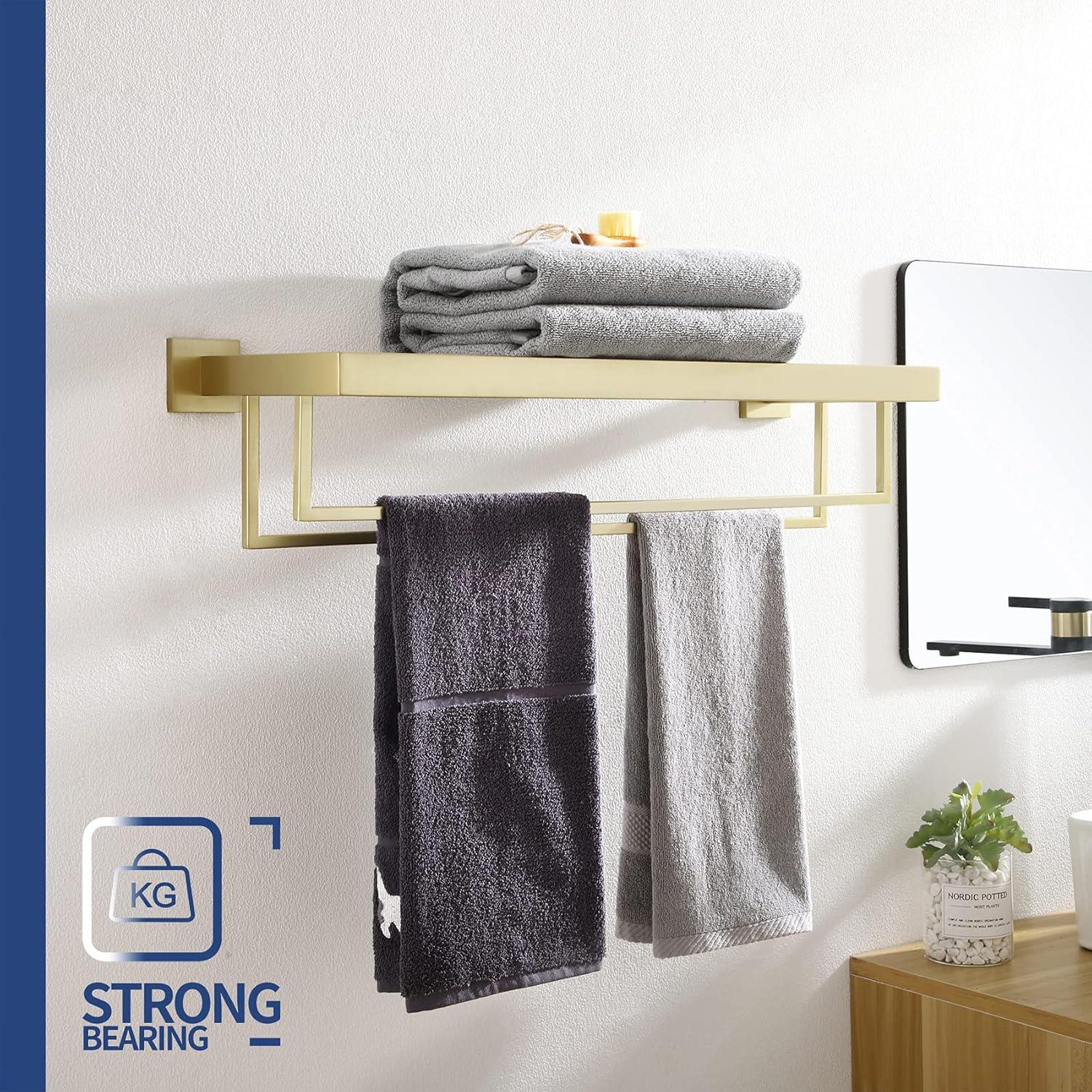 Brushed Gold Wall Mounted Double Towel Rack with Shelf