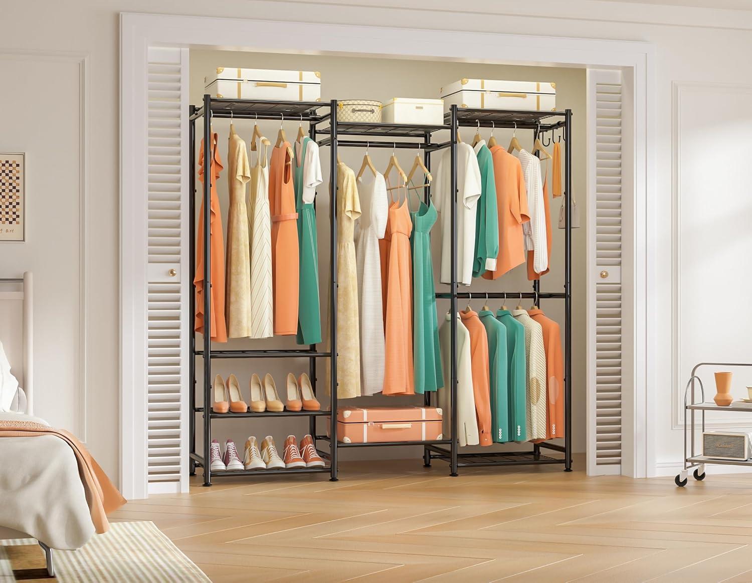 Raybee Clothes Rack Heavy Duty Load 840 LBS Adjustable Clothing Rack for Hanging Clothes,Metal Portable and Sturdy, 76.8" H x 68.8" W x 16.8" D Black