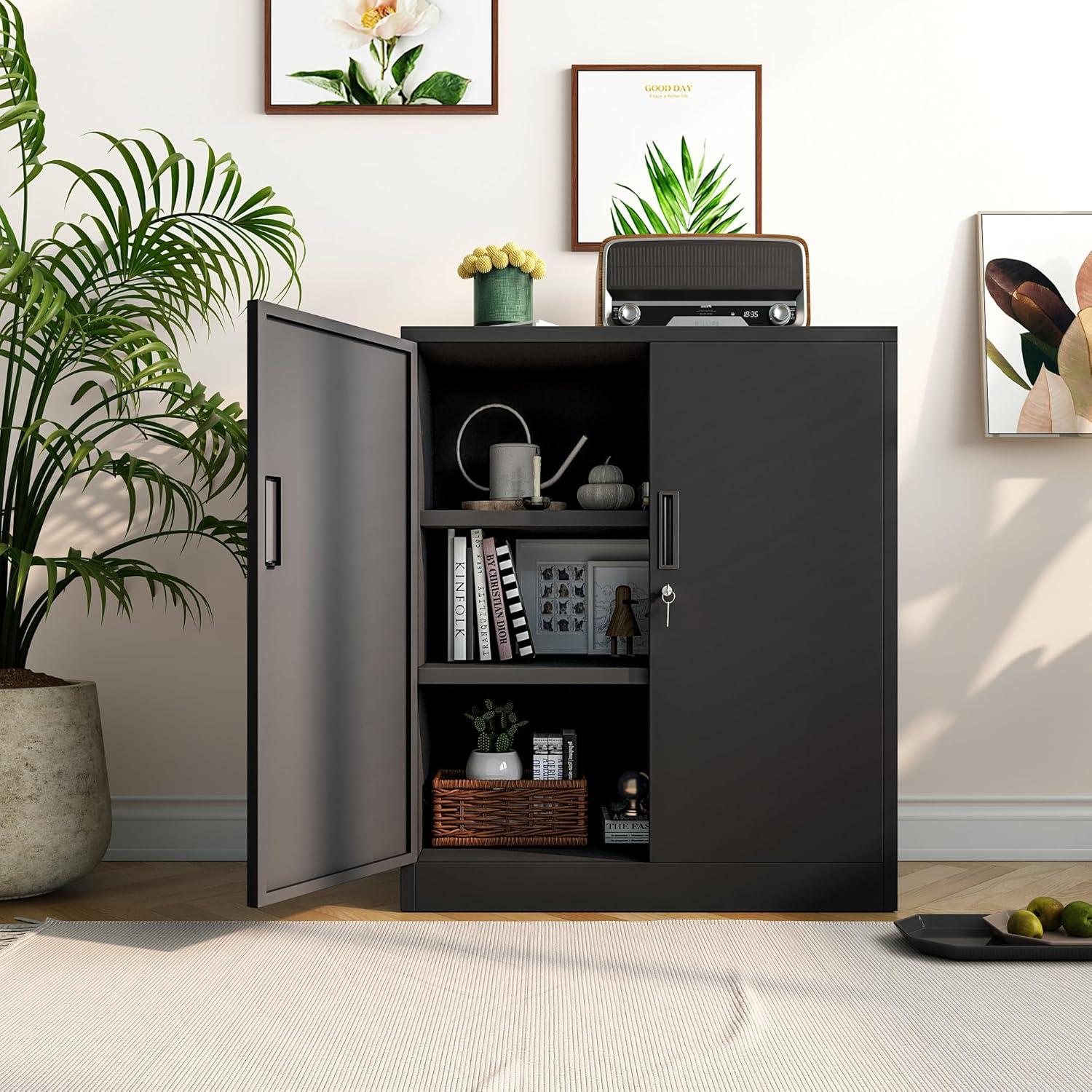 Metal Storage Cabinet, 36" H Locking Storage Cabinet with Adjustable Shelves, Steel Storage Cabinet for Garage, Home, Office, Utility Room-Black