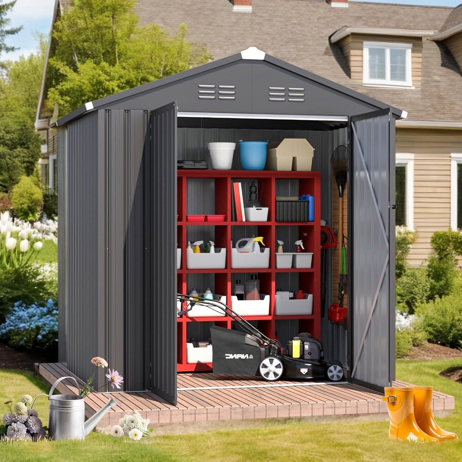 AECOJOY 12' x 10' Outdoor Storage Shed with Lockable Door Patio Metal Garden Storage Building in Dark Gray for Outside