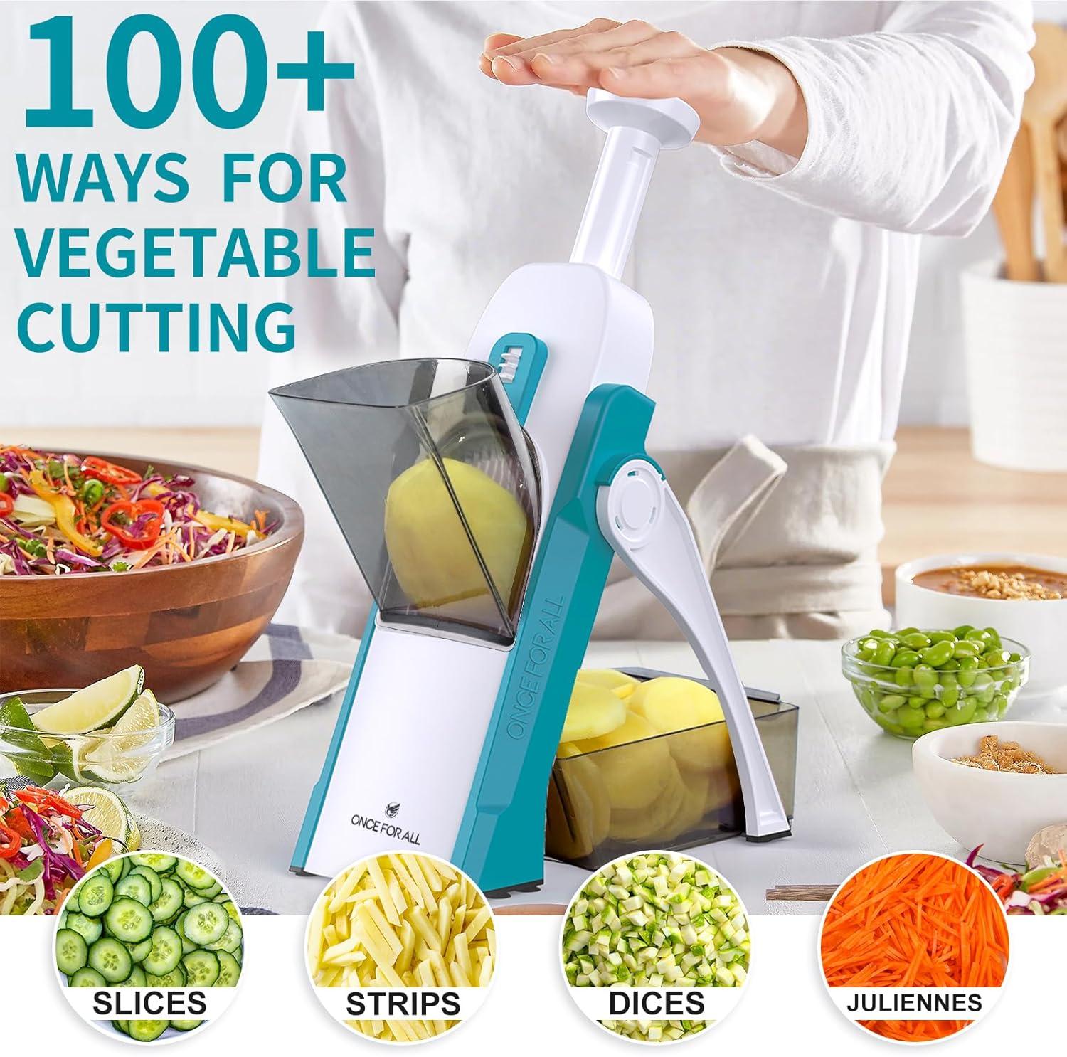 ONCE FOR ALL Safe Mandoline Slicer 5 in 1 Vegetable Cutter, Strips Julienne Dicer Adjustable Thickness 0.1-8 mm for Kitench Fast Meal Prep (Light Blue)