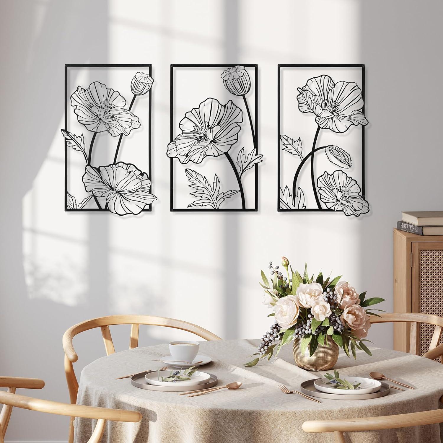 Black Metal Floral Minimalist Wall Art Set of 3