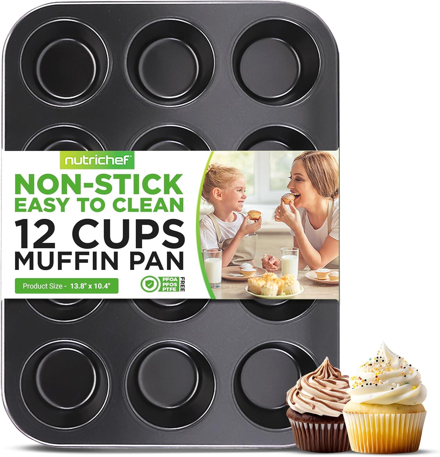 NutriChef 12 Cup Nonstick Gray Carbon Steel Muffin Pan