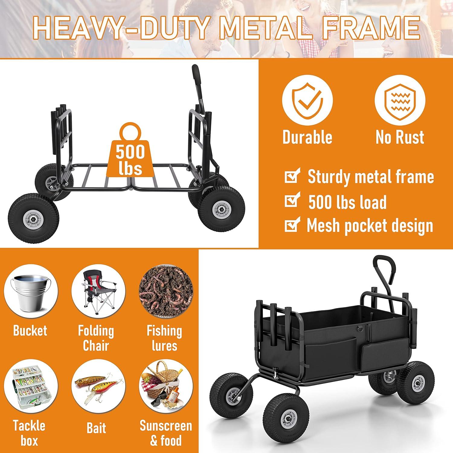 Heavy-Duty Foldable Fishing Cart with Pneumatic Wheels and Rod Holders