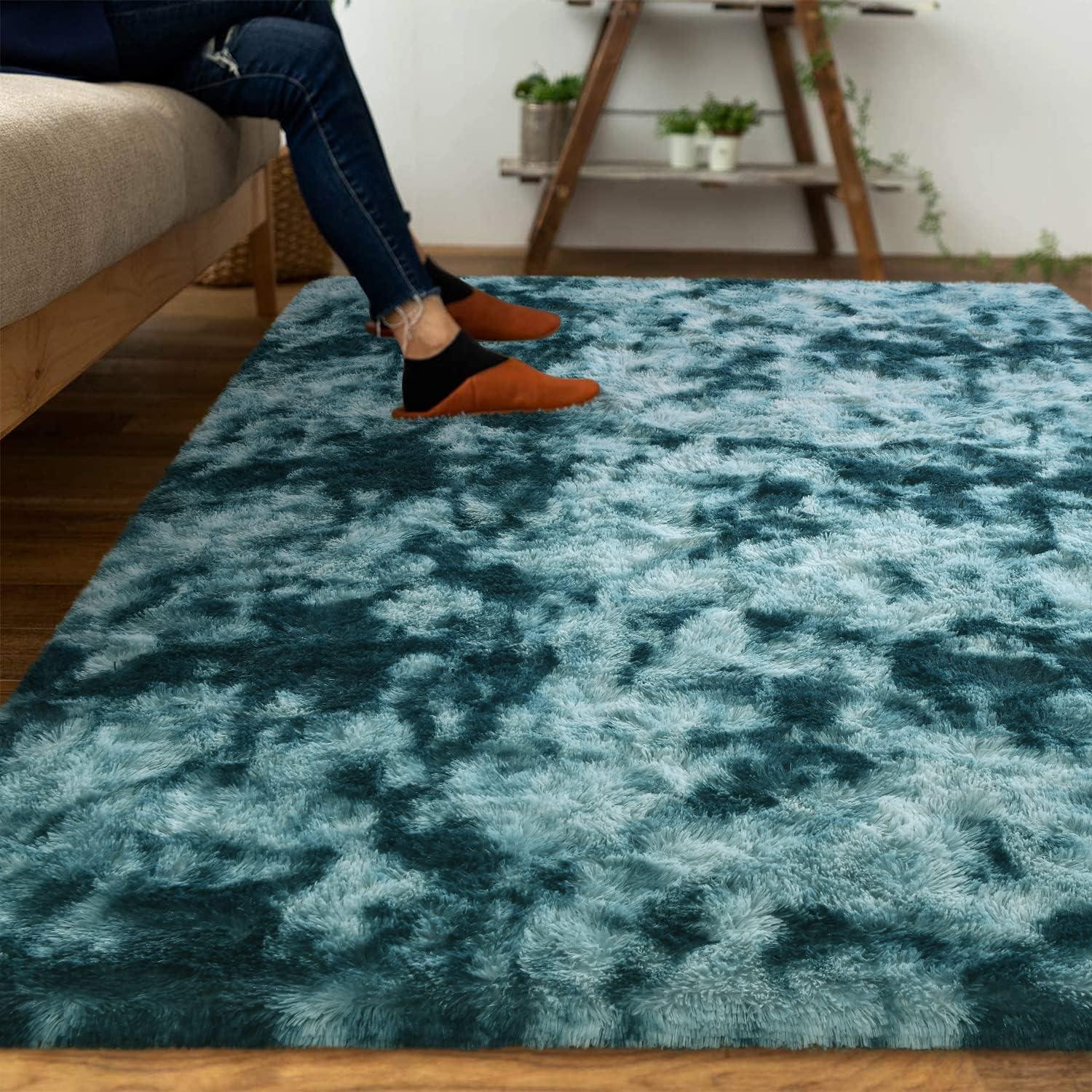 DweIke Fluffy Peacock Blue Rugs for Bedroom Living Room, 3x5 Feet Soft Plush Shaggy Tie-Dyed Teal Blue Girls Boys Kids Rug, Upgraded Non-Slip and Machine Washable Carpet for Dorm Nursery Decor