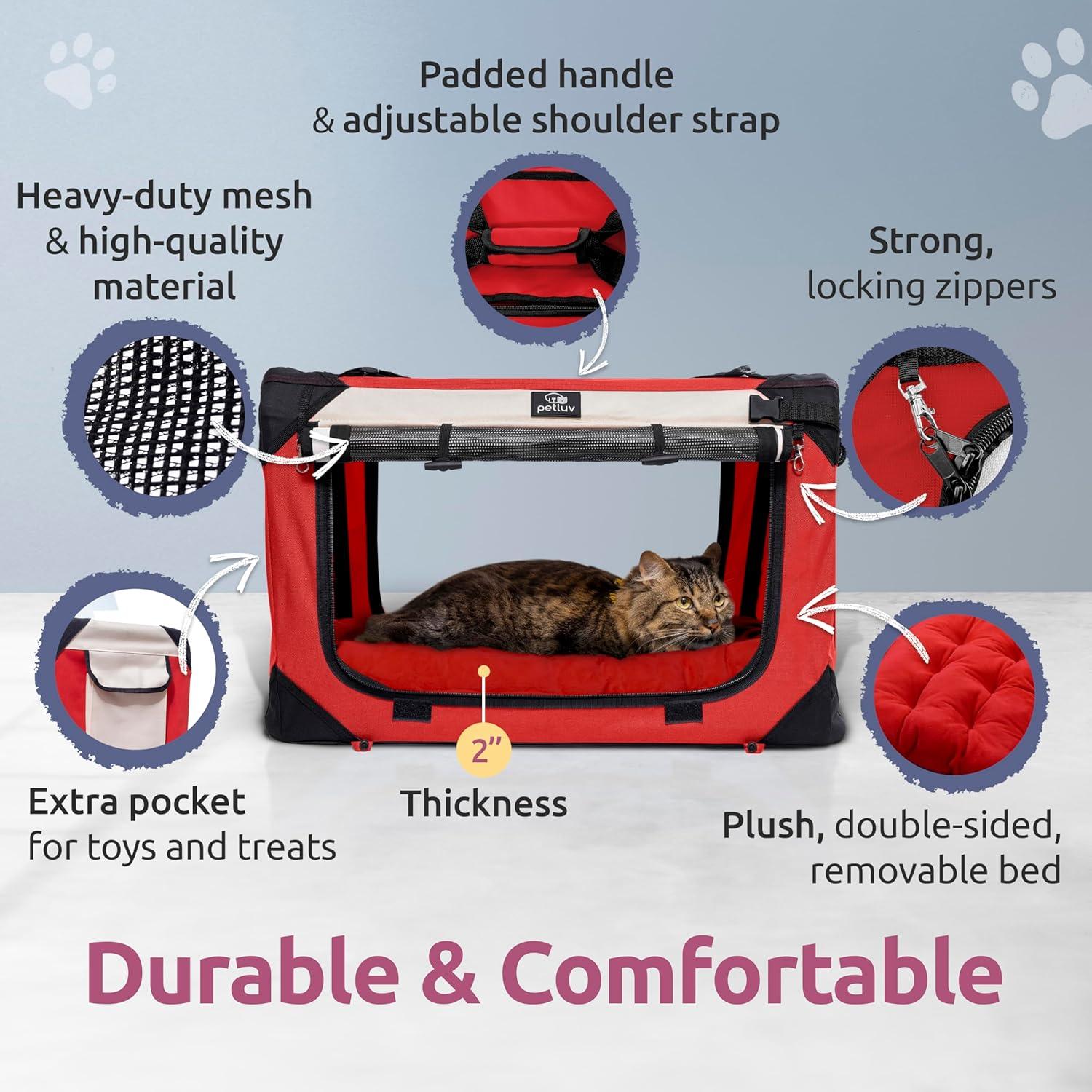 PetLuv Cat & Dog Carrier Foldable Pet Travel Crate, Removable Plush Pillow, Privacy Windows, Locking Zippers, Pocket, Seatbelt Straps, Medium Red