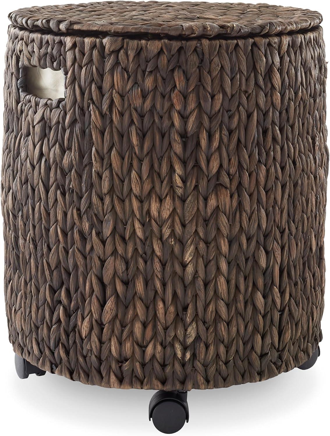 Casafield Rolling Storage Basket - Espresso, Handwoven Hyacinth Rolling Hamper with Lid, Storage Bin on Wheels for Living Room, Bathroom, Laundry