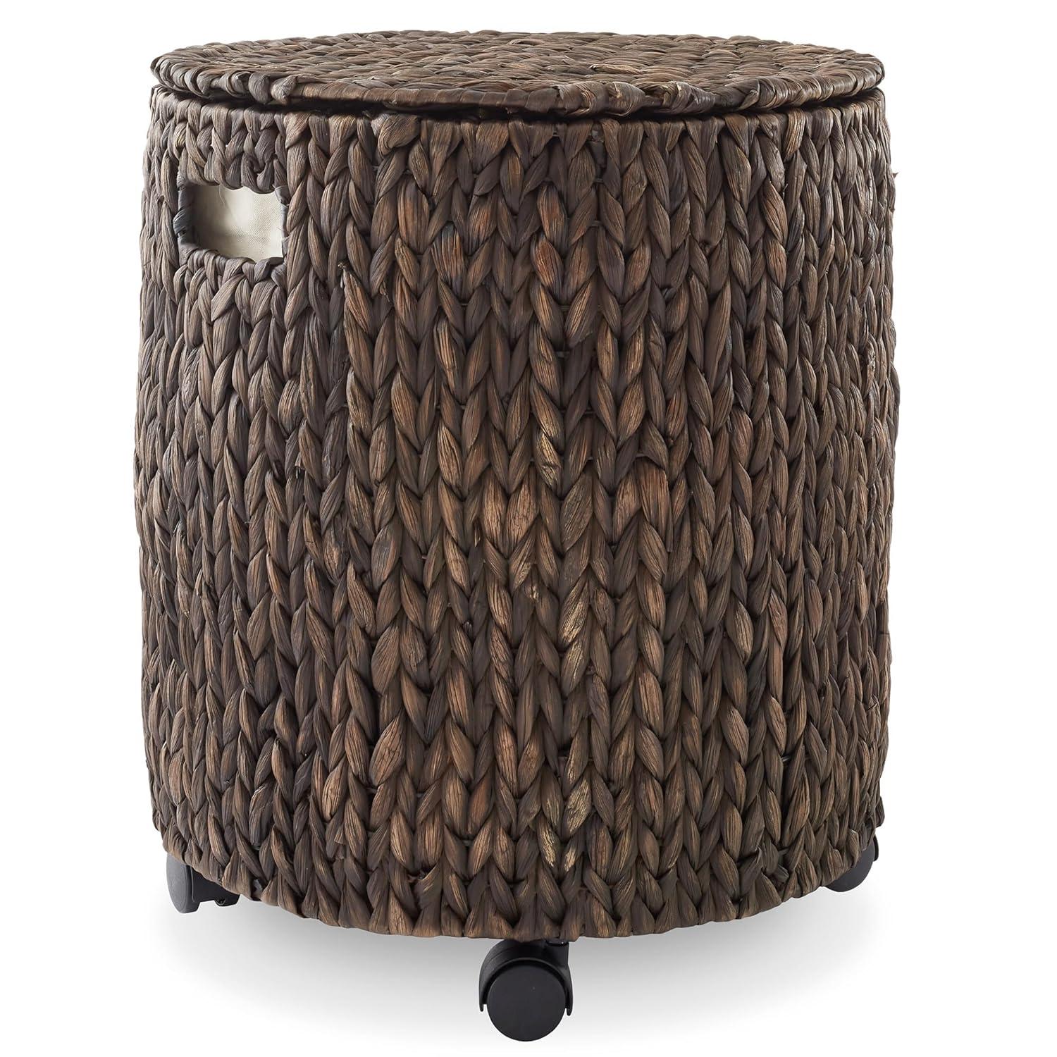 Casafield Rolling Storage Basket - Espresso, Handwoven Hyacinth Rolling Hamper with Lid, Storage Bin on Wheels for Living Room, Bathroom, Laundry