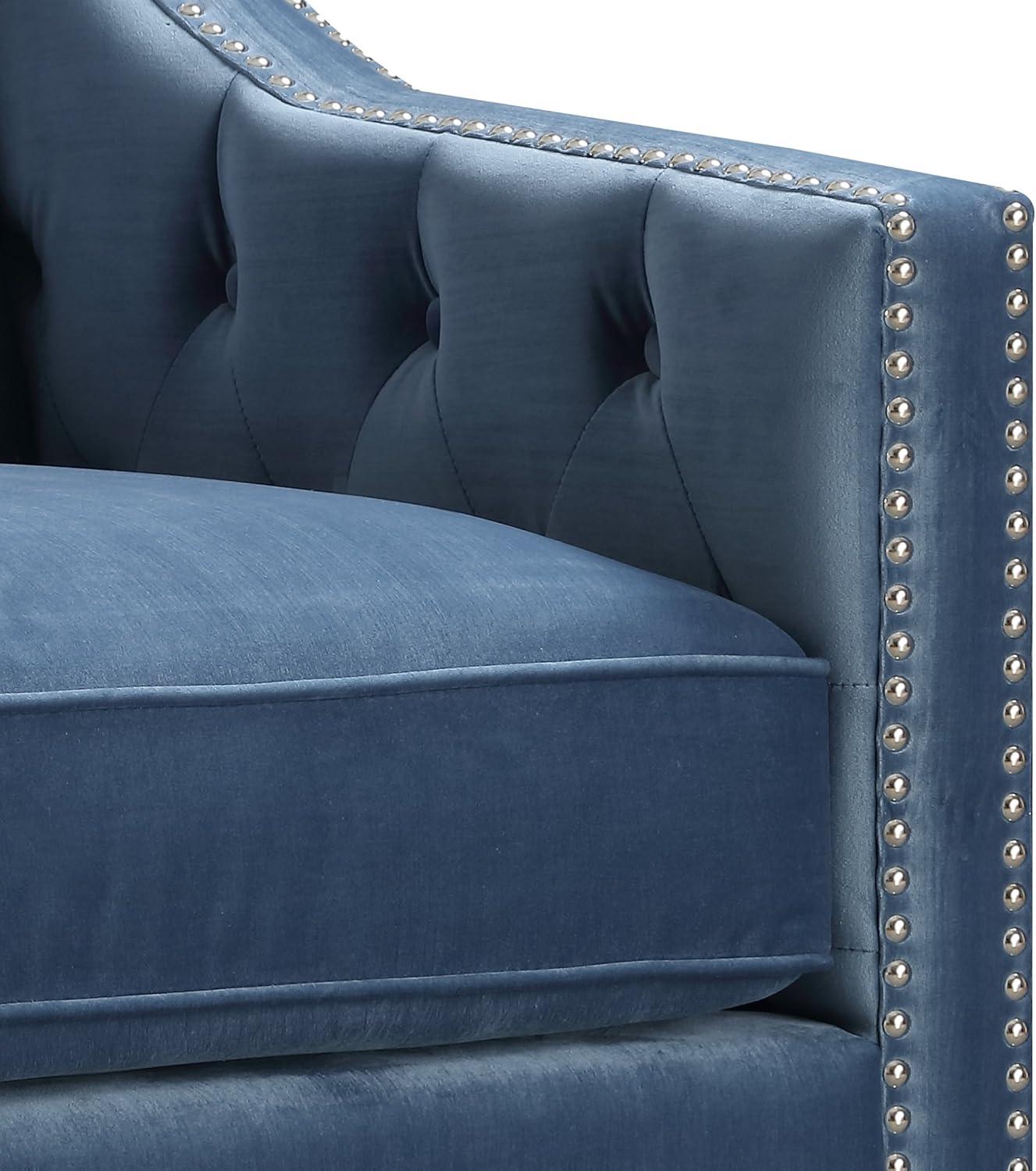 Marine Blue Velvet Square-Arm Accent Chair with Silver Nailhead Trim