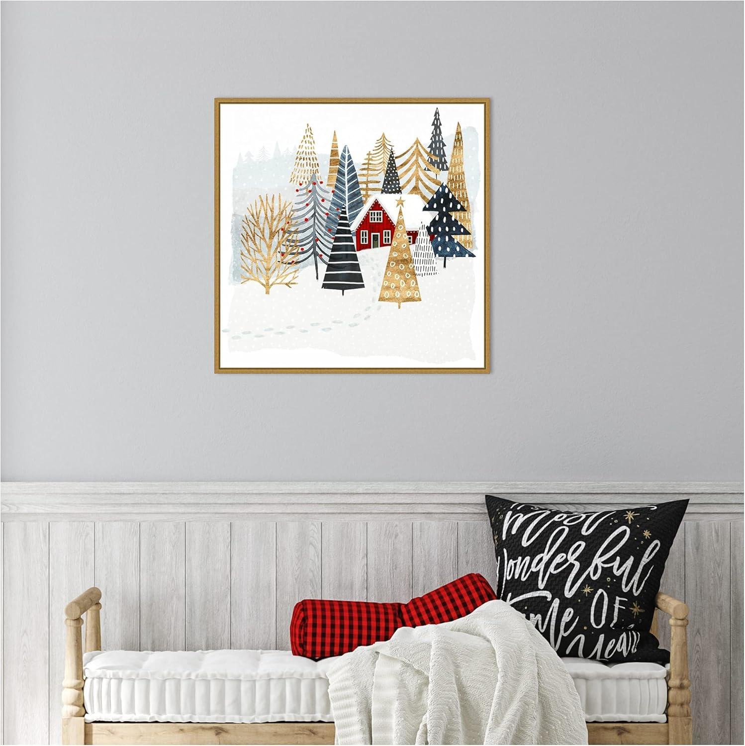 22" x 22" Christmas Chalet I Tree Framed Wall Canvas - Amanti Art