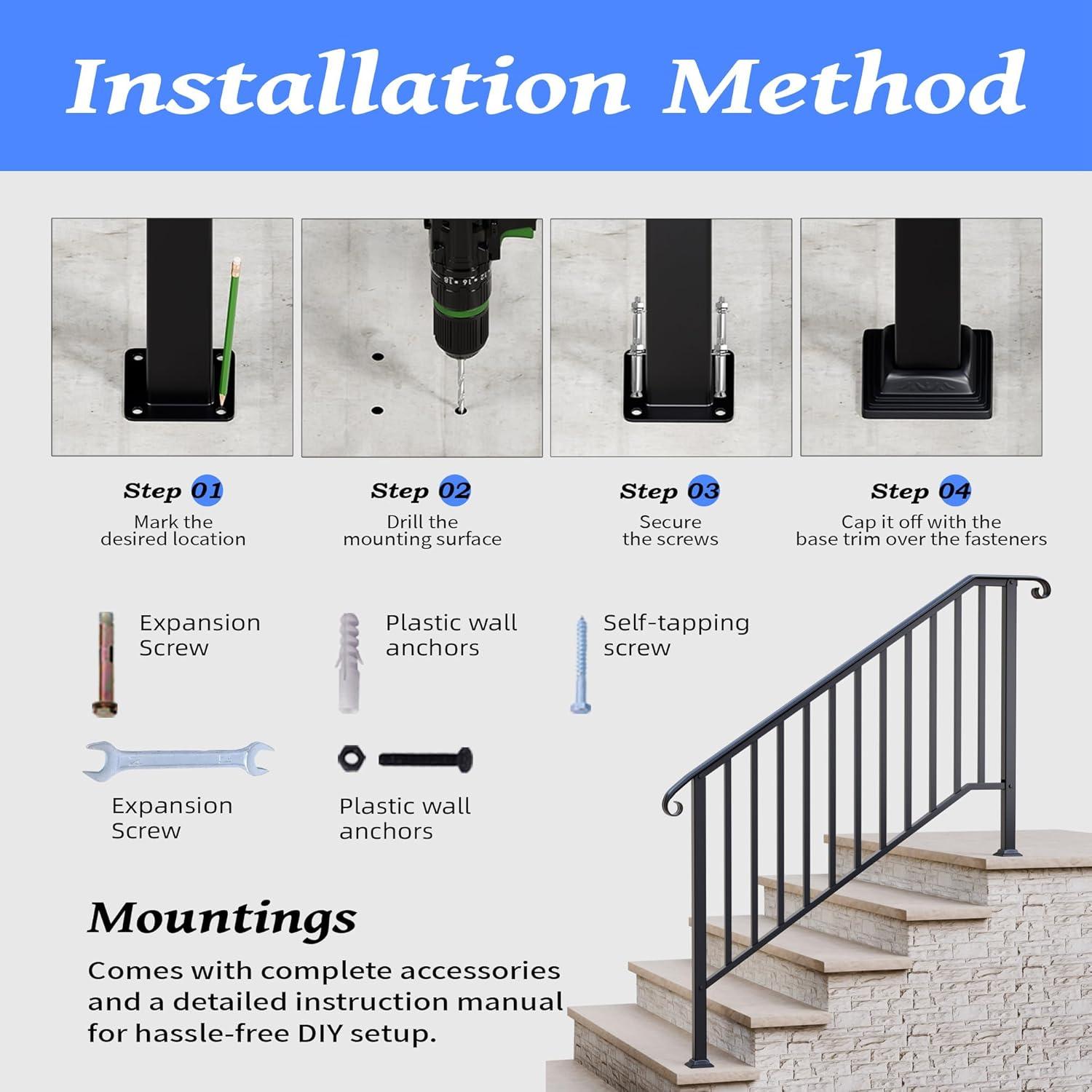 HLL Handrails for Outdoor Steps, Black Wrought Iron Handrail Fits 4 or 5 Steps, Transitional Handrail with Installation Kit, Stair Railing for Concrete Steps or Wooden Stairs