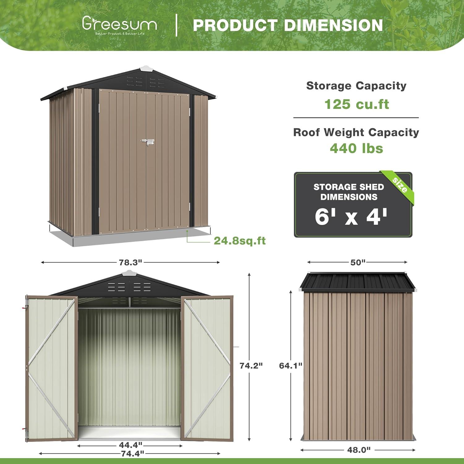 Outdoor Metal Storage Shed 6 x 4 ft, GVDV Updated Steel Garden Shed with Door & Lock, Brown