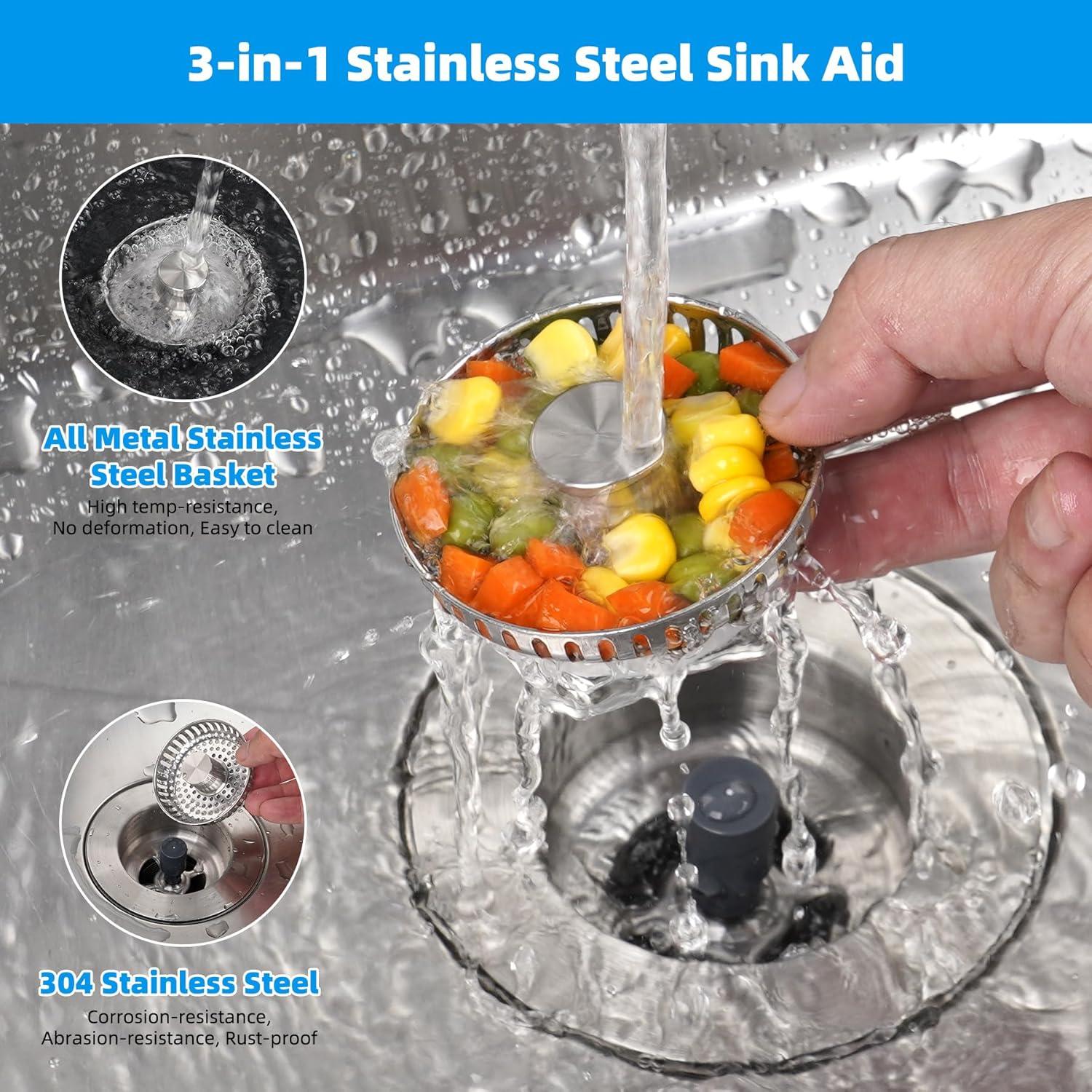 Hibbent 3-in-1 Kitchen Sink Drain Strainer  Stopper , Stainless Steel Pop-Up Design, Anti-Clogging Metal Basket with Handle, Compatible with US Standard 3-1/2" Drain
