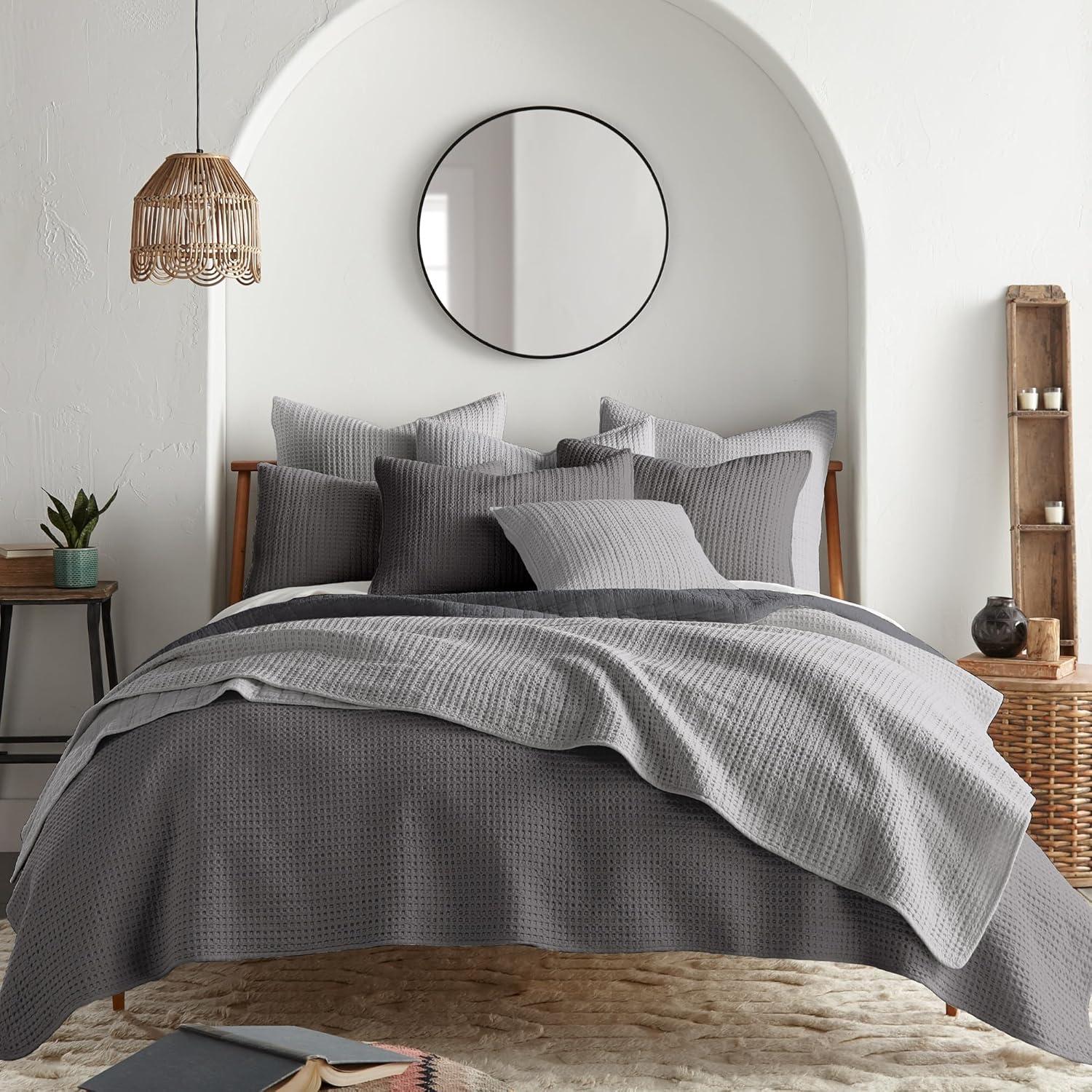 Mills Waffle Charcoal Quilt Set - One Full/Queen Quilt and Two Standard Shams - Levtex Home