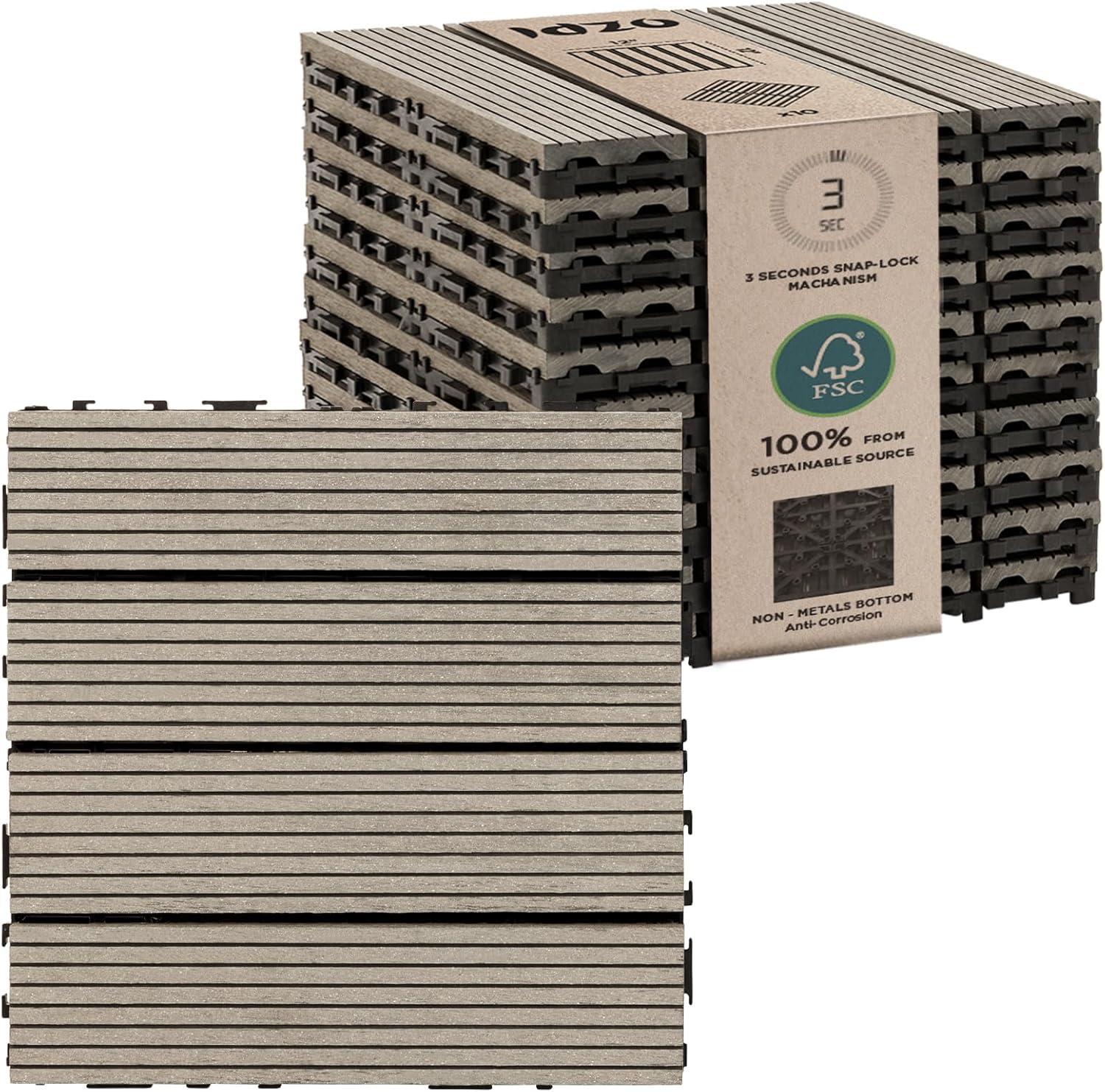 IDZO Wood Plastic Composite Deck Tiles Set of 10, Sustainable FSC Composite Decking Resist Rust, Water, Weather, Easy to DIY & Maintain, Ideal for Patios, Balconies, Rooftops, Decks - Grey