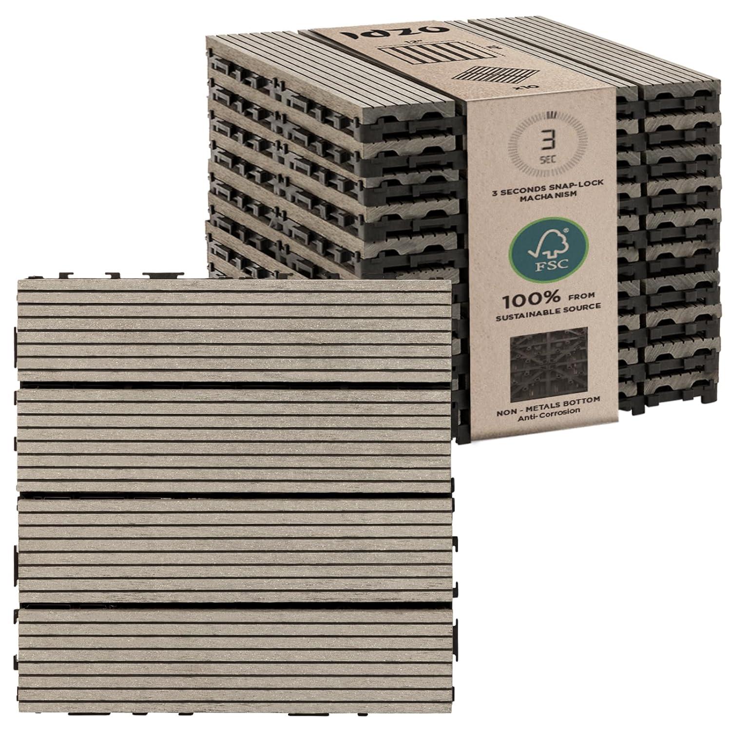 IDZO Wood Plastic Composite Deck Tiles Set of 10, Sustainable FSC Composite Decking Resist Rust, Water, Weather, Easy to DIY & Maintain, Ideal for Patios, Balconies, Rooftops, Decks - Grey