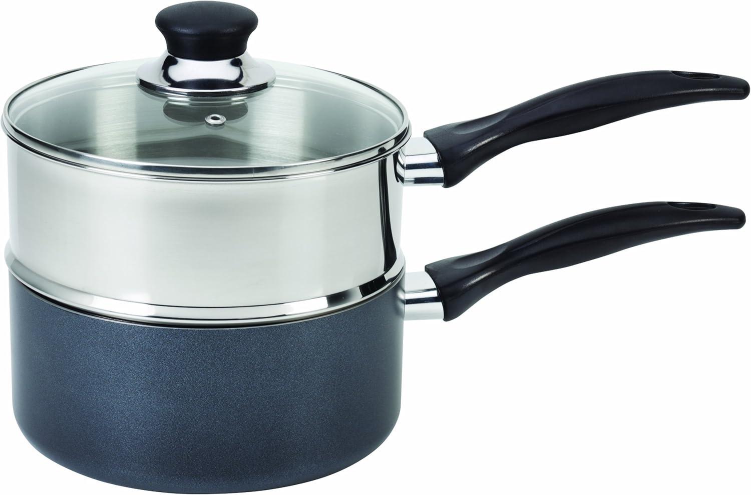 Silver and Black Nonstick 3-Quart Double Boiler with Glass Lid