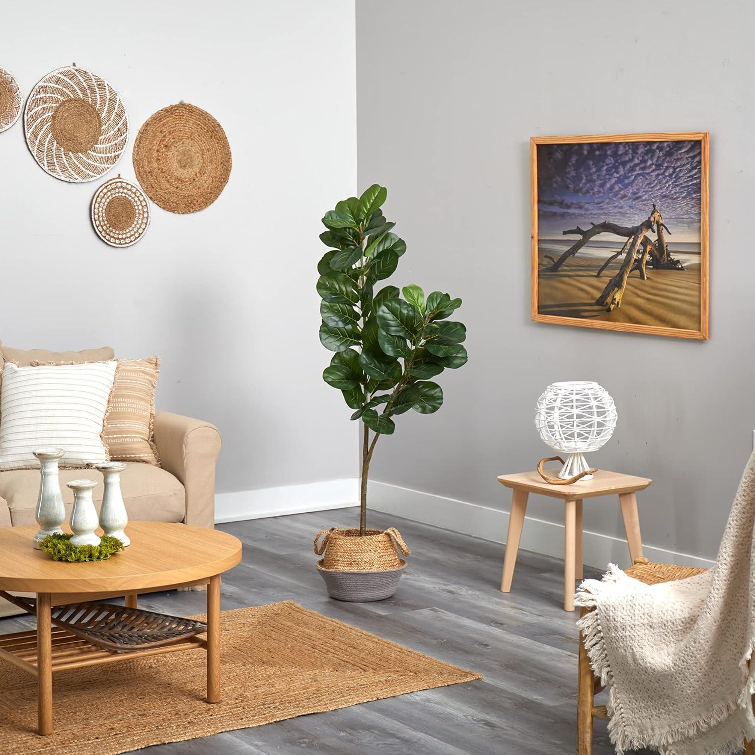 Nearly Natural 4.5-ft Fiddle Leaf Fig Artificial Tree with Boho Chic Handmade Cotton and Jute White Woven Planter